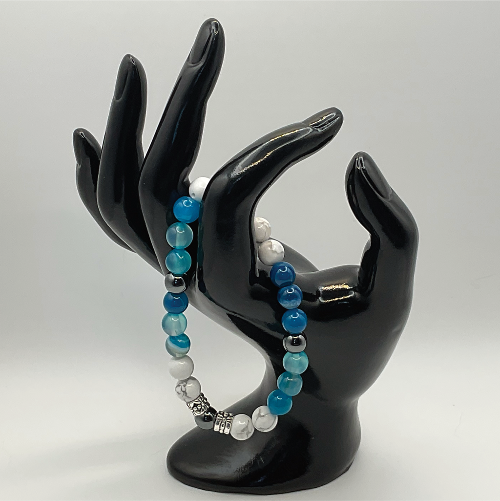 Blue Dragon Vein Agate Hematite Magnesite Bracelet with Silver Tone Spacers