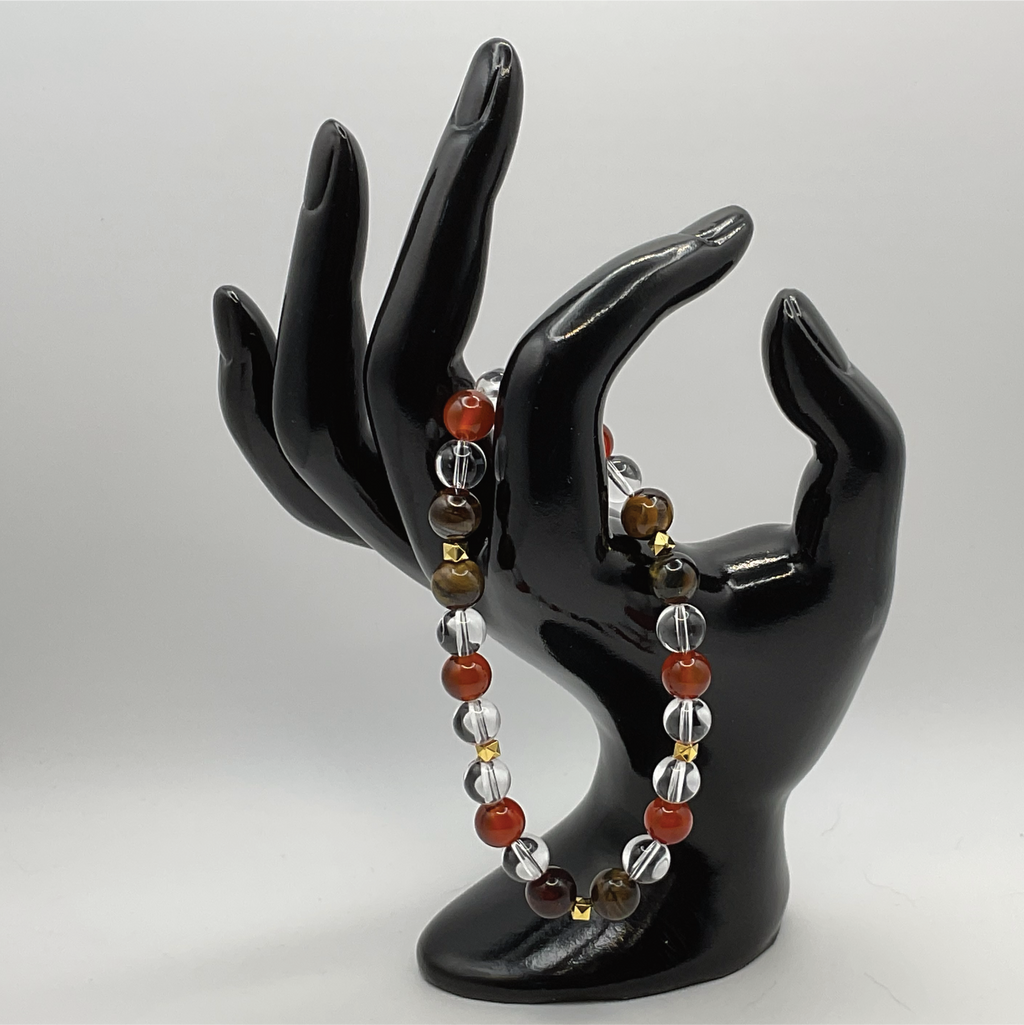 Carnelian Agate Tiger's Eye Clear Quartz Bracelet with Gold Tone Spacers
