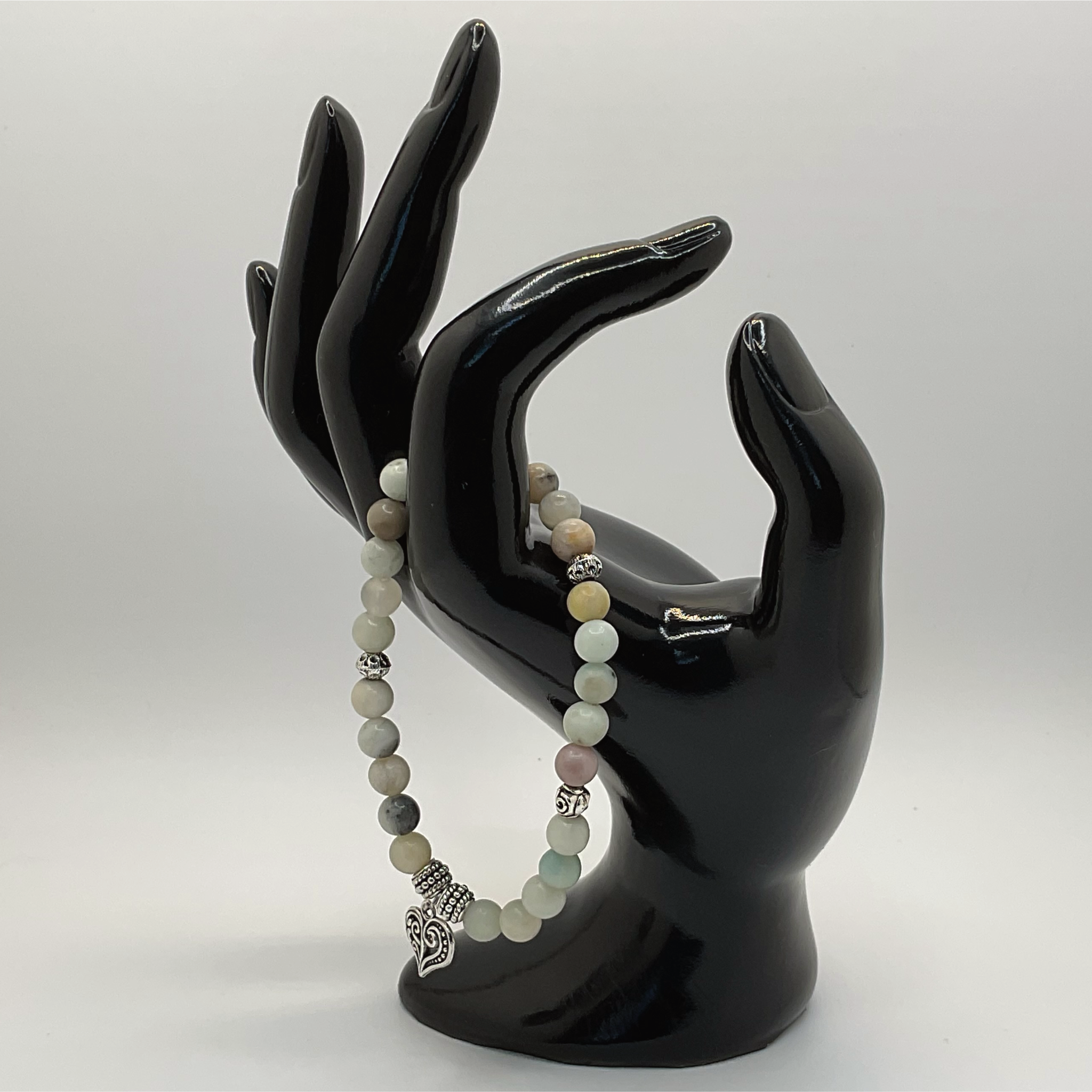 Dendritic Jasper Heart Charm Bracelet with Silver Spacers