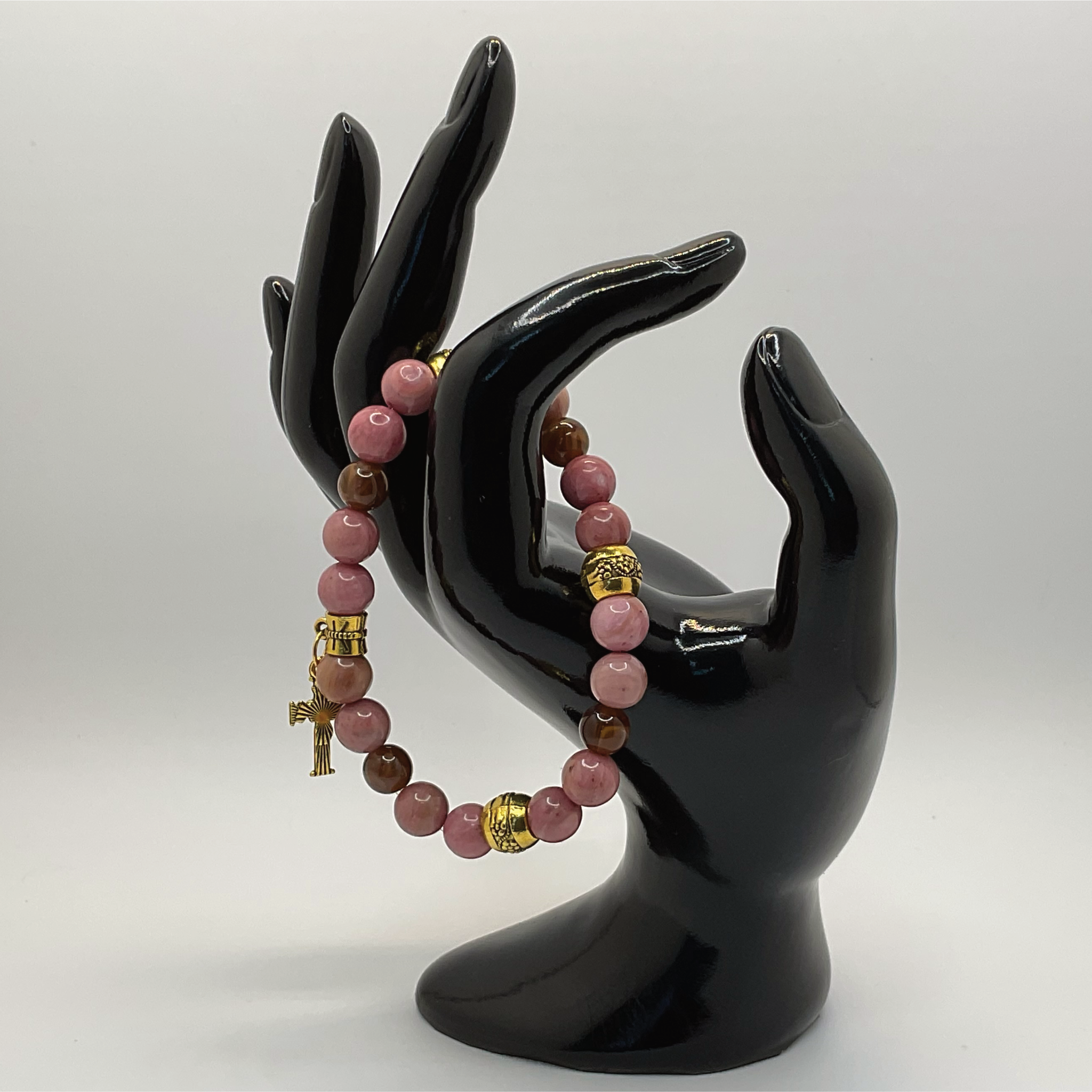 Pink Opal Holy Cross Charm Bracelet with Gold Spacers