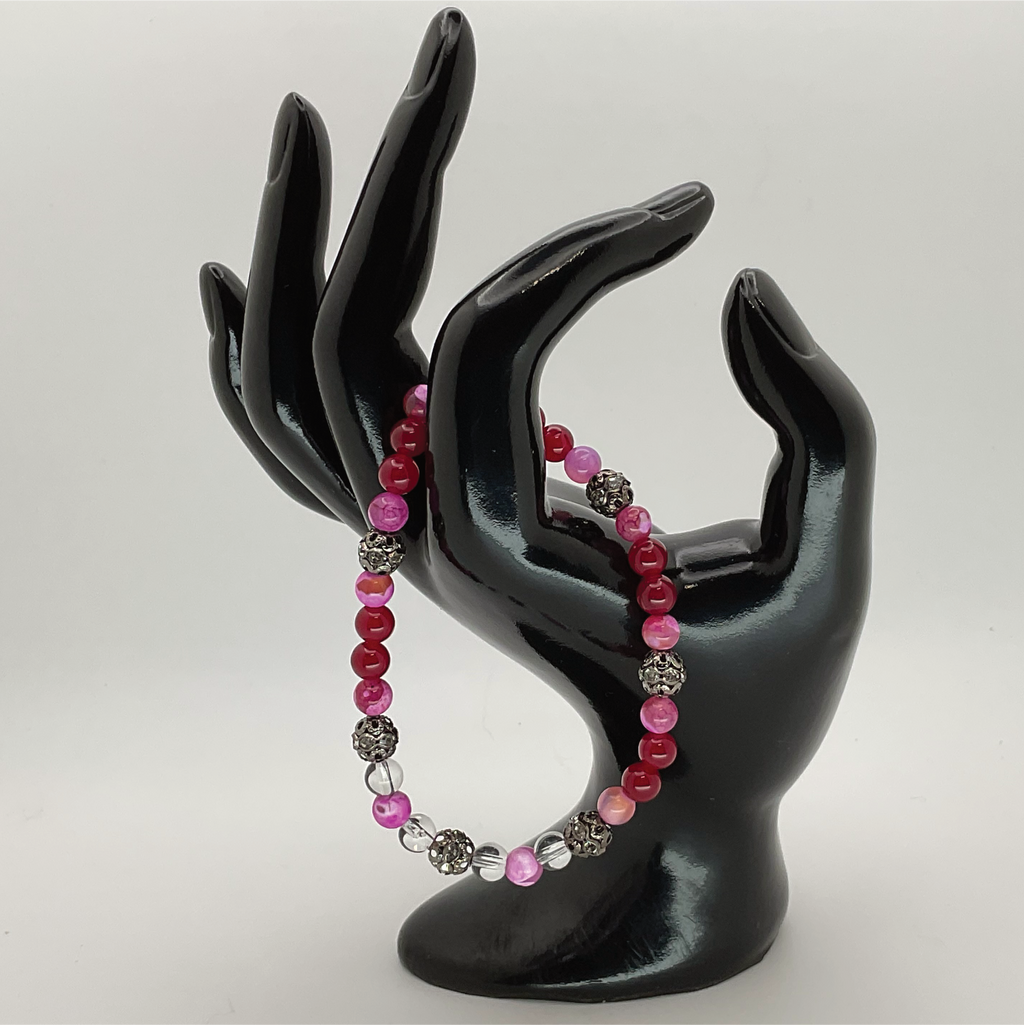 Pulsera de ágata Dragon Vein rosa coral rojo y cuarzo transparente con separadores de cristal negro