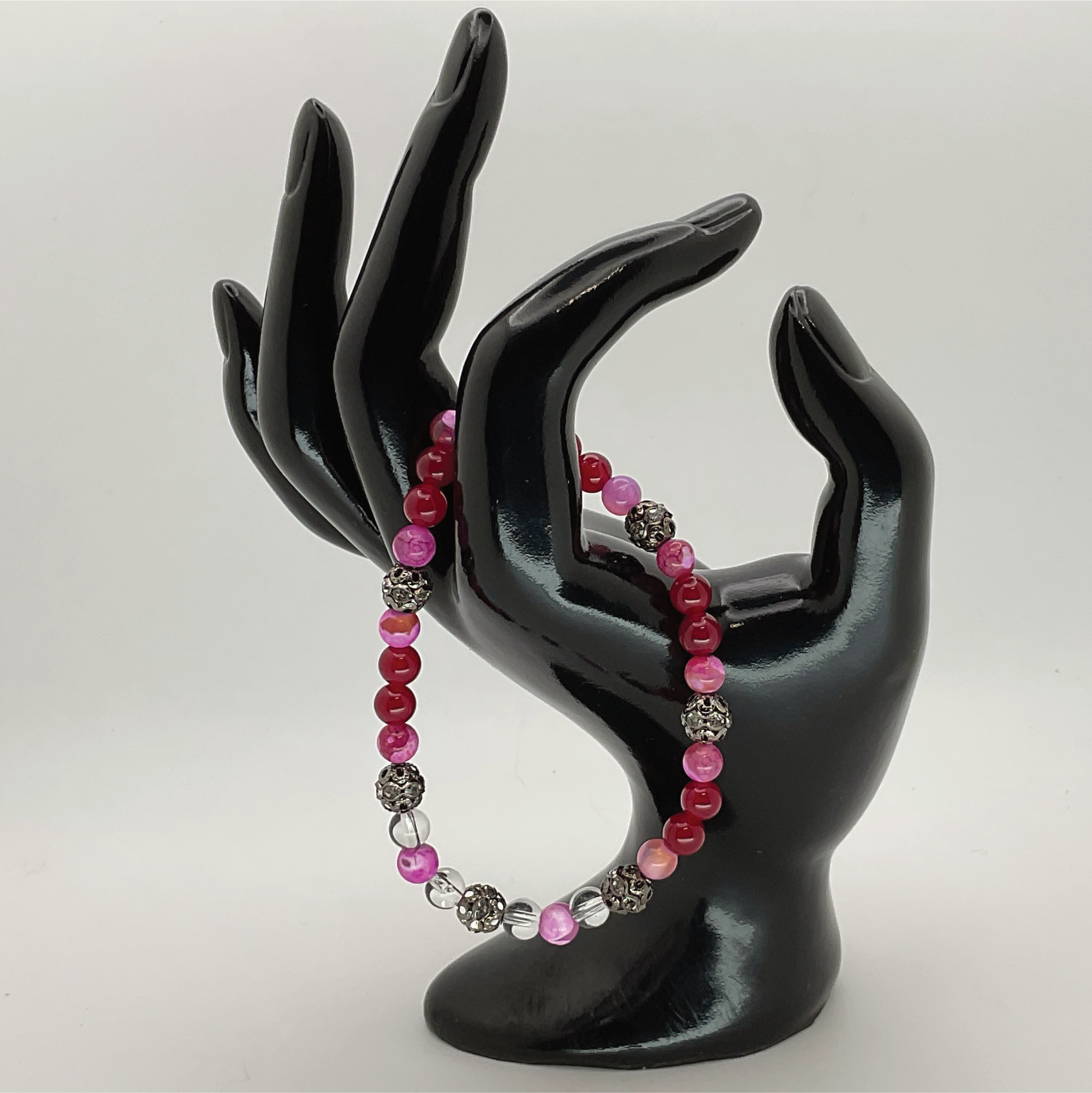 Pulsera de ágata Dragon Vein rosa coral rojo y cuarzo transparente con separadores de cristal negro