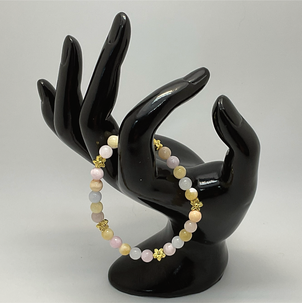 Pulsera de ópalo rosa, cuarzo lechoso y citrino con espaciadores de estrella dorados