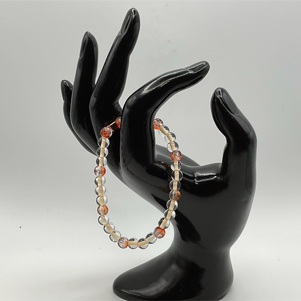 15.5 cm (6.1") Orange Crackle Clear Lined White Glass Bracelet with Gold Square Spacer