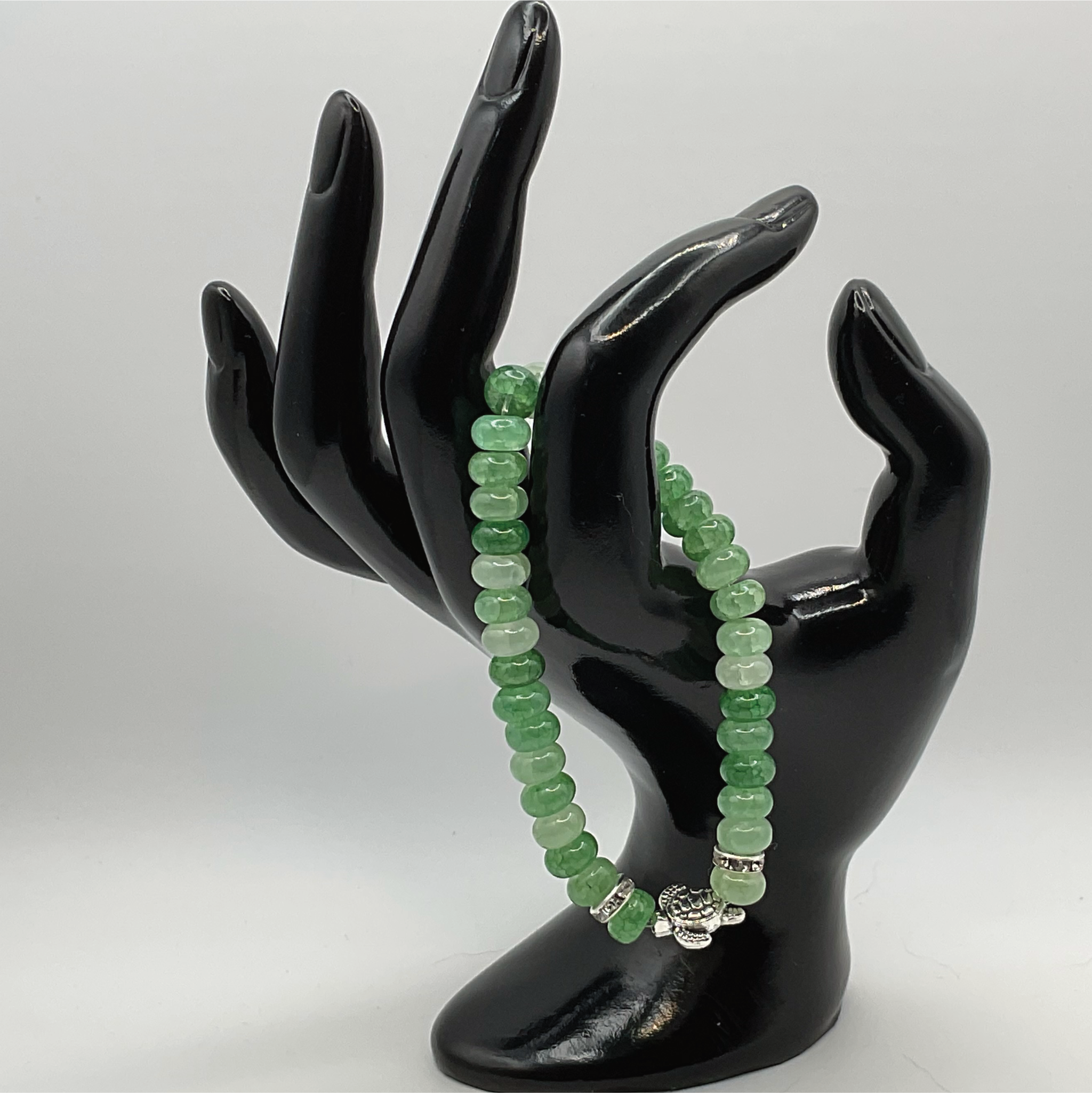 Jadeite Turtle Charm Bracelet with Silver Tone Crystal Spacers