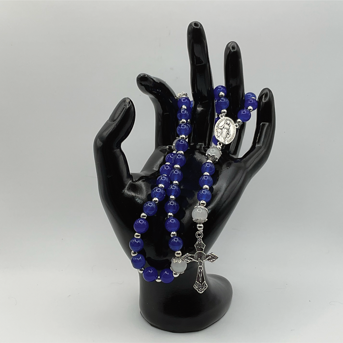 Cobalt Blue White Full 5 Decade Silver Rosary