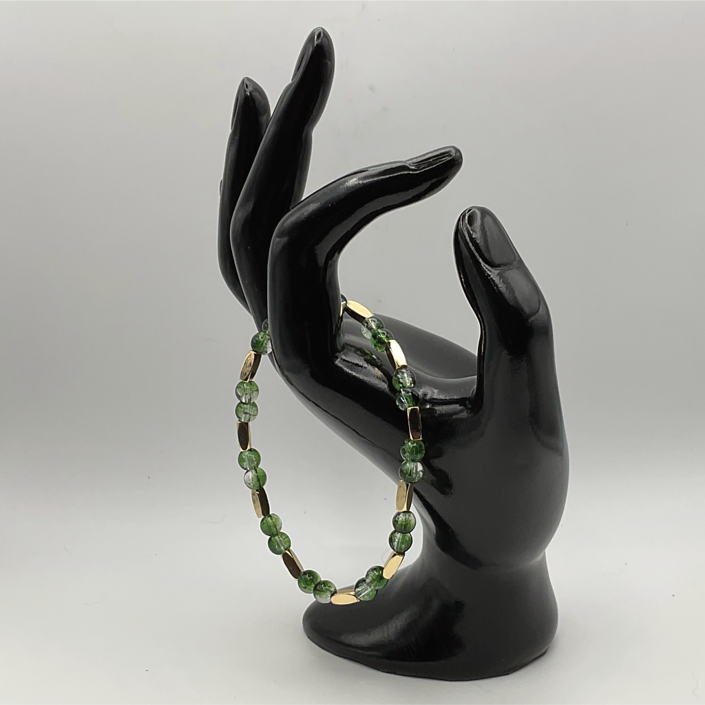 Green Glass Bracelet with Long Gold Spacers