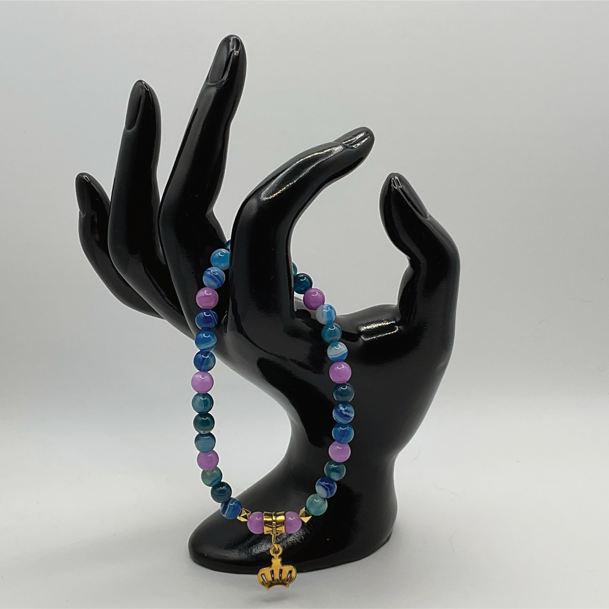 Multicolored Dragon Vein Agate Crown Charm Bracelet with Gold Tone Spacers