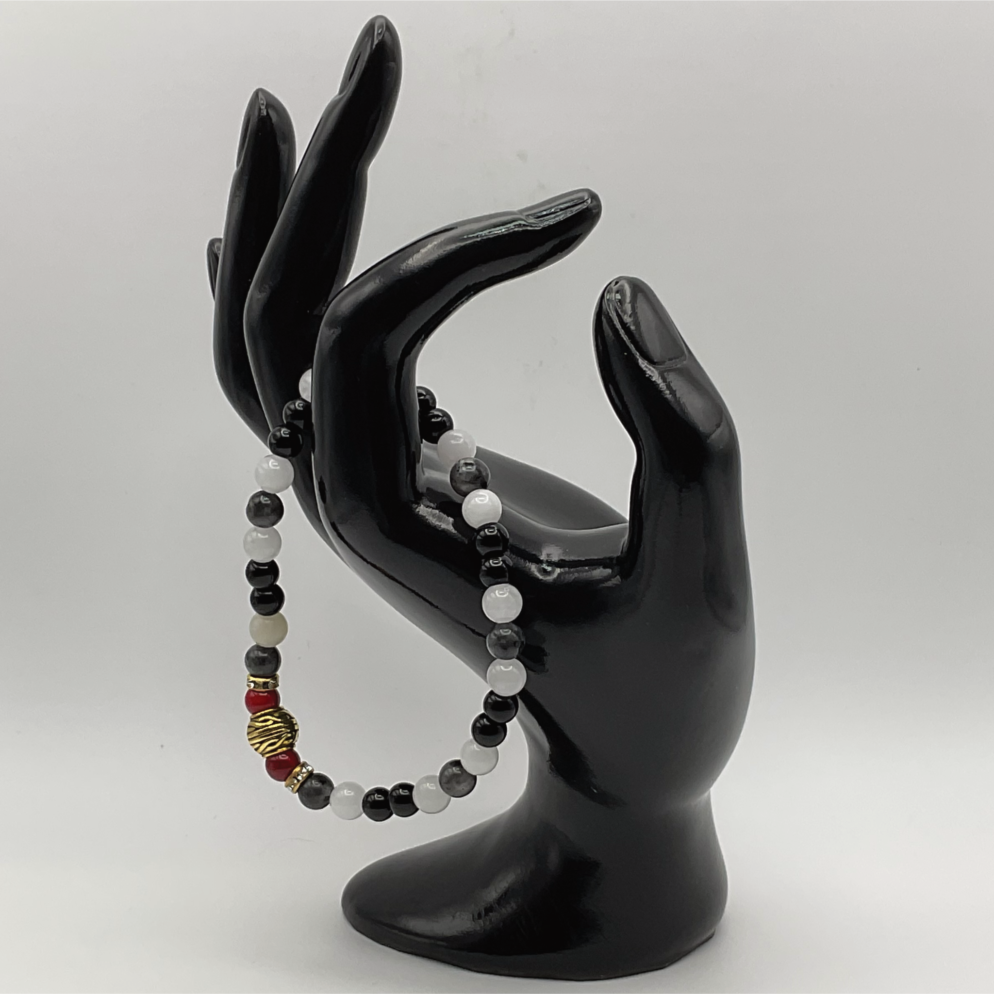 Milky Quartz Black Agate Bracelet with Gold Tone Spacer