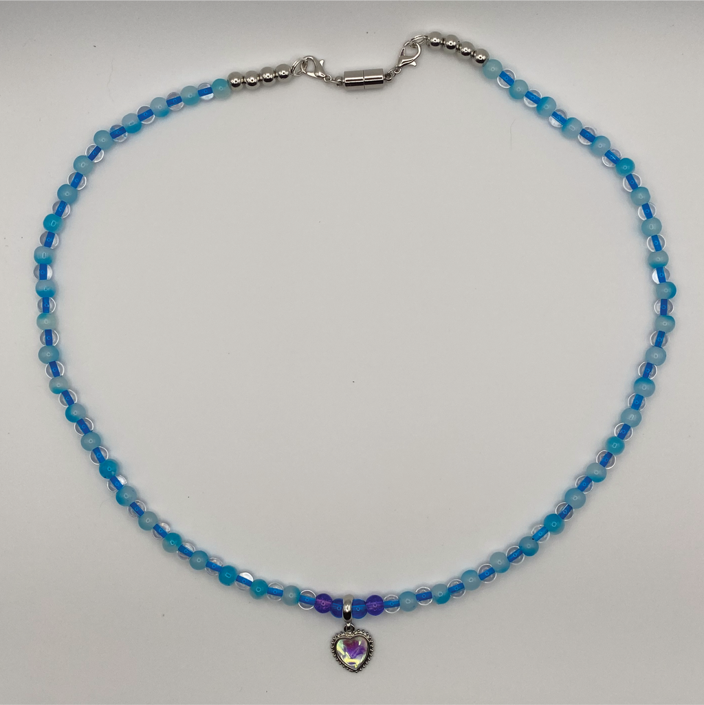 22" Clear Multi-Blue Crystal Heart Charm Glass Necklace