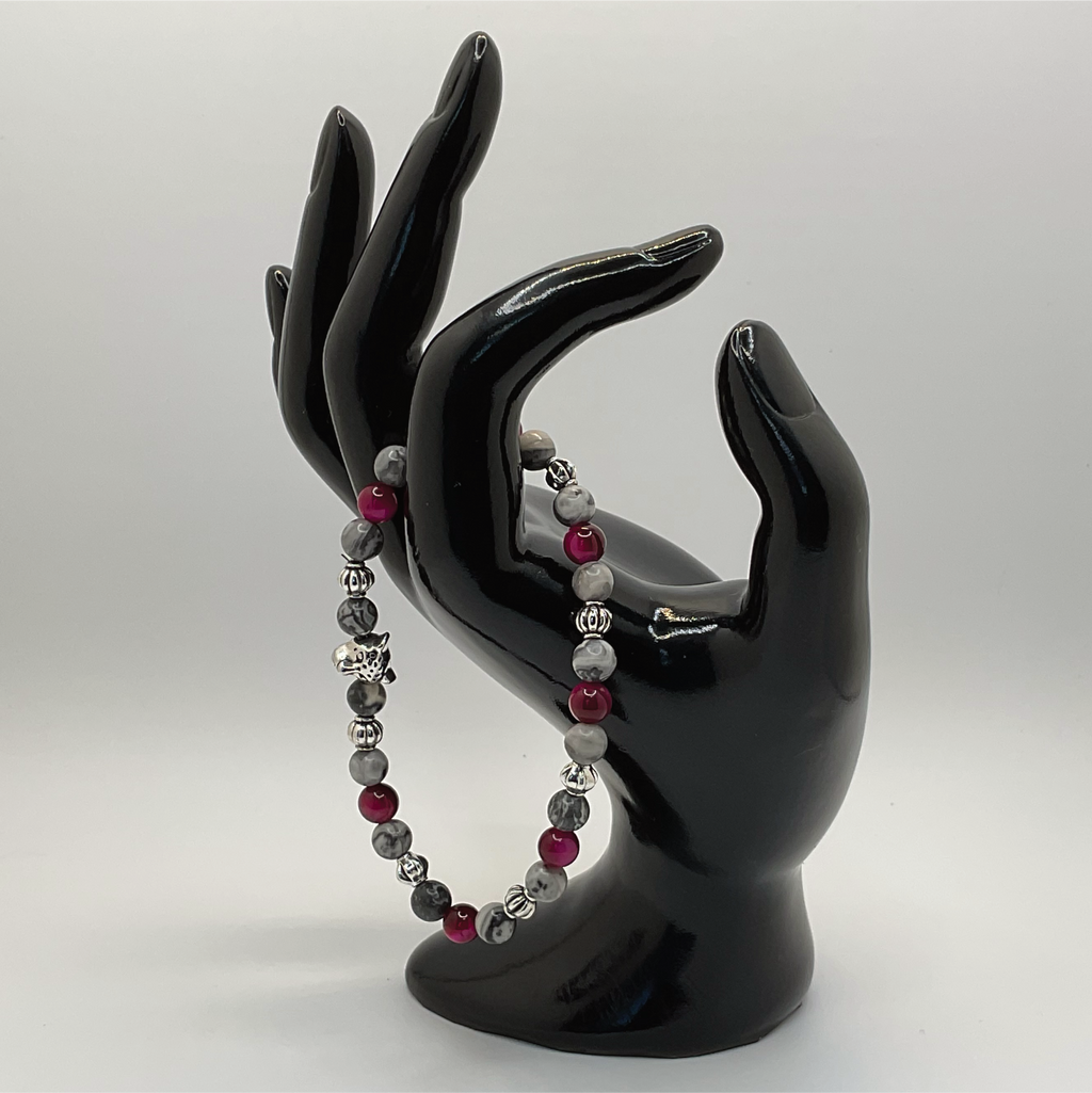 Pink Dragon Vein Agate Picasso Stone Jaguar Charm Bracelet with Silver Spacers