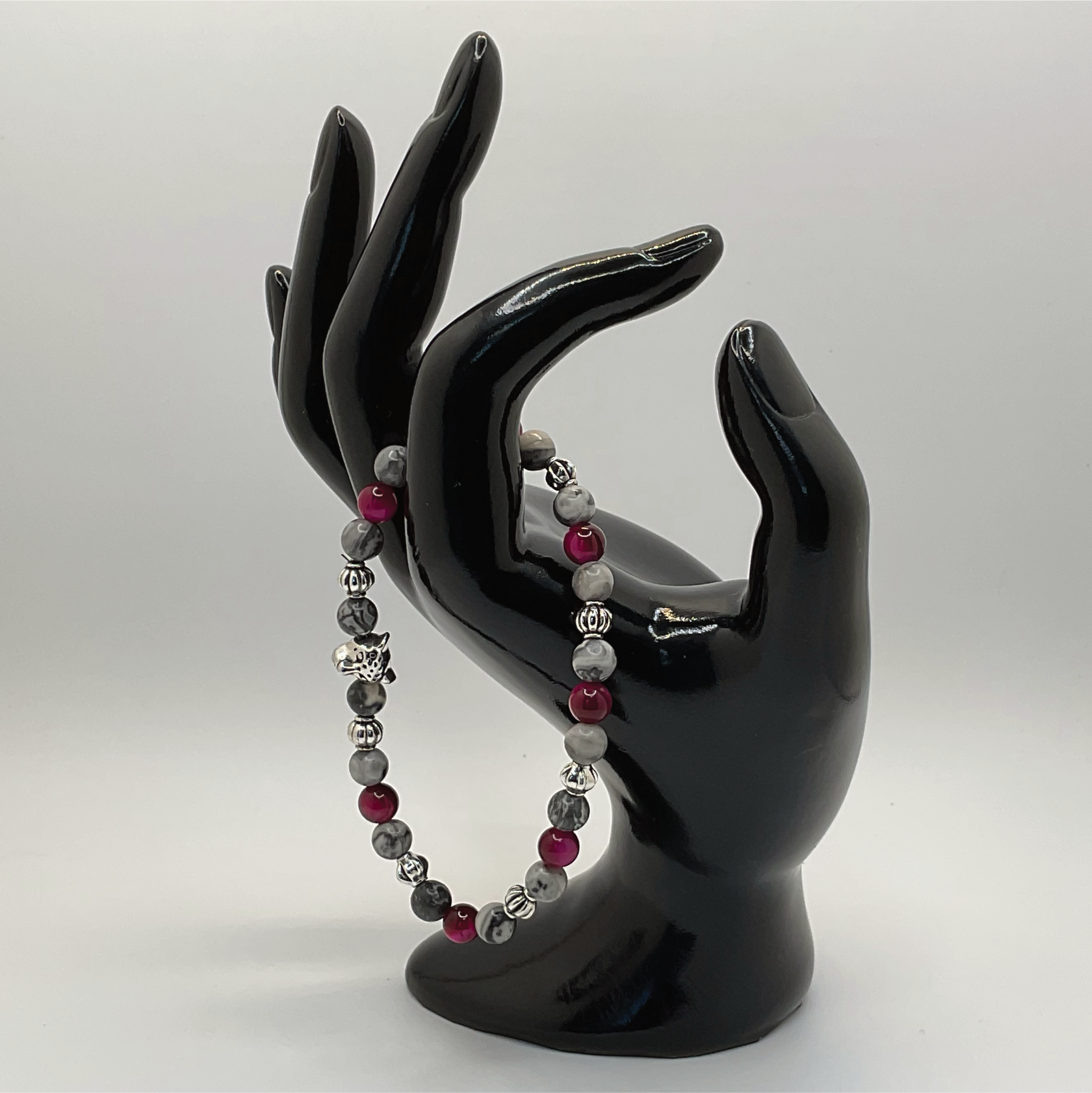 Pink Dragon Vein Agate Picasso Stone Jaguar Charm Bracelet with Silver Spacers