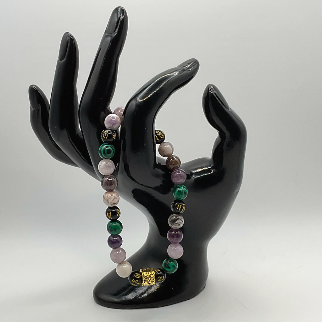Malachite Amethyst Black Pixiu Bracelet with Gold Tone Barrel Spacer