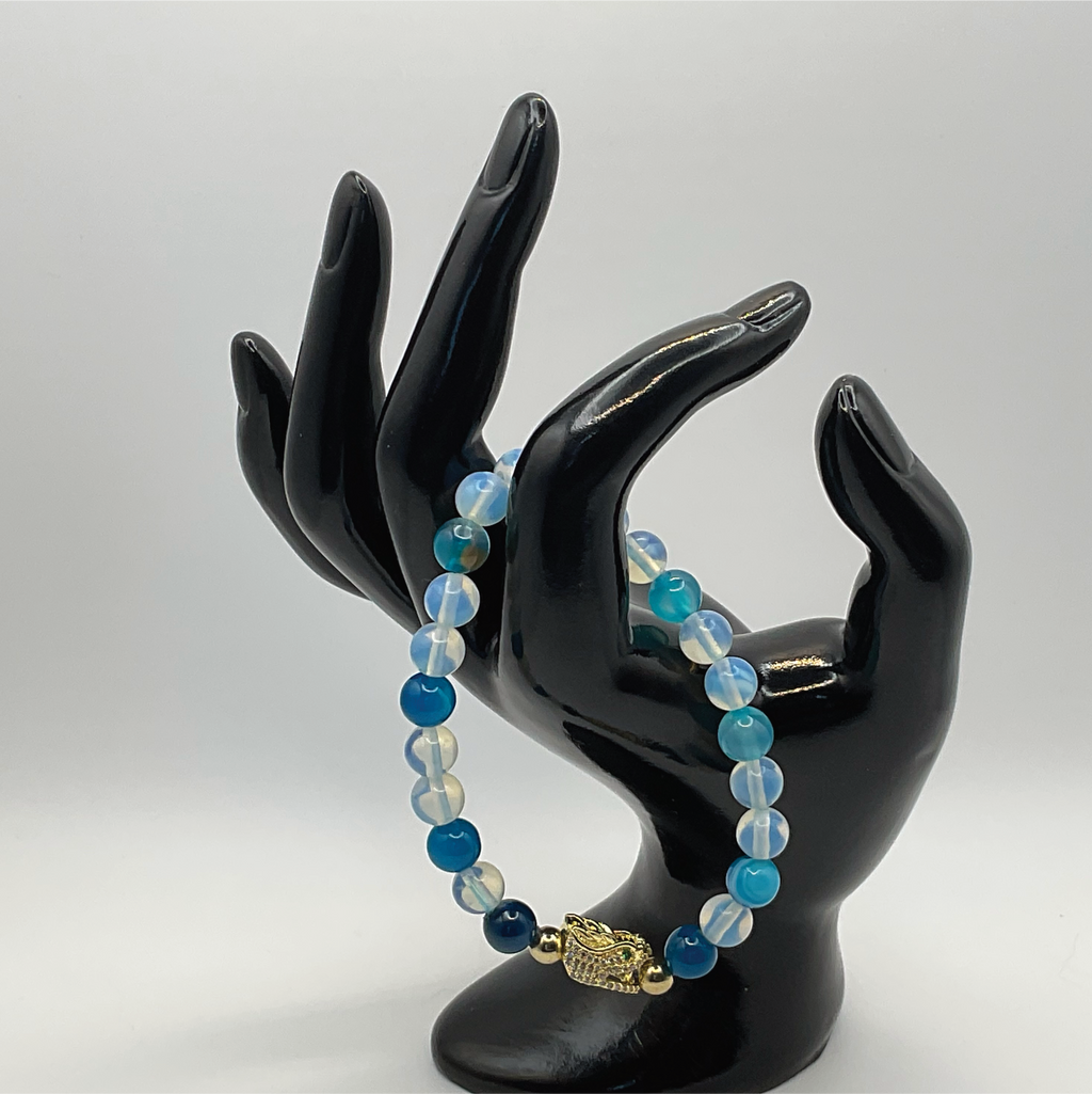 Blue Dragon Vein Agate Sea Opal Dragon Charm Bracelet with Gold Tone Spacers