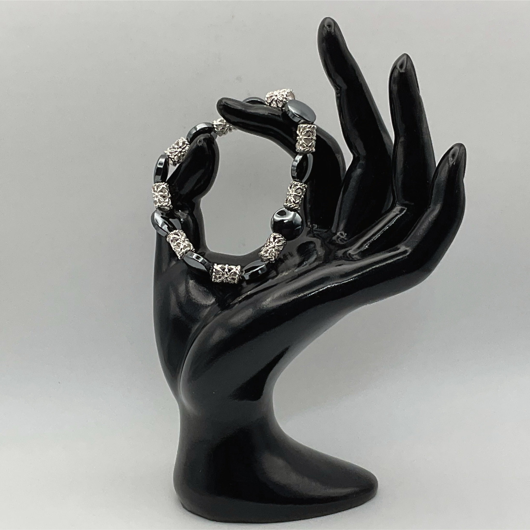 Black Agate Bracelet with Silver Spacers