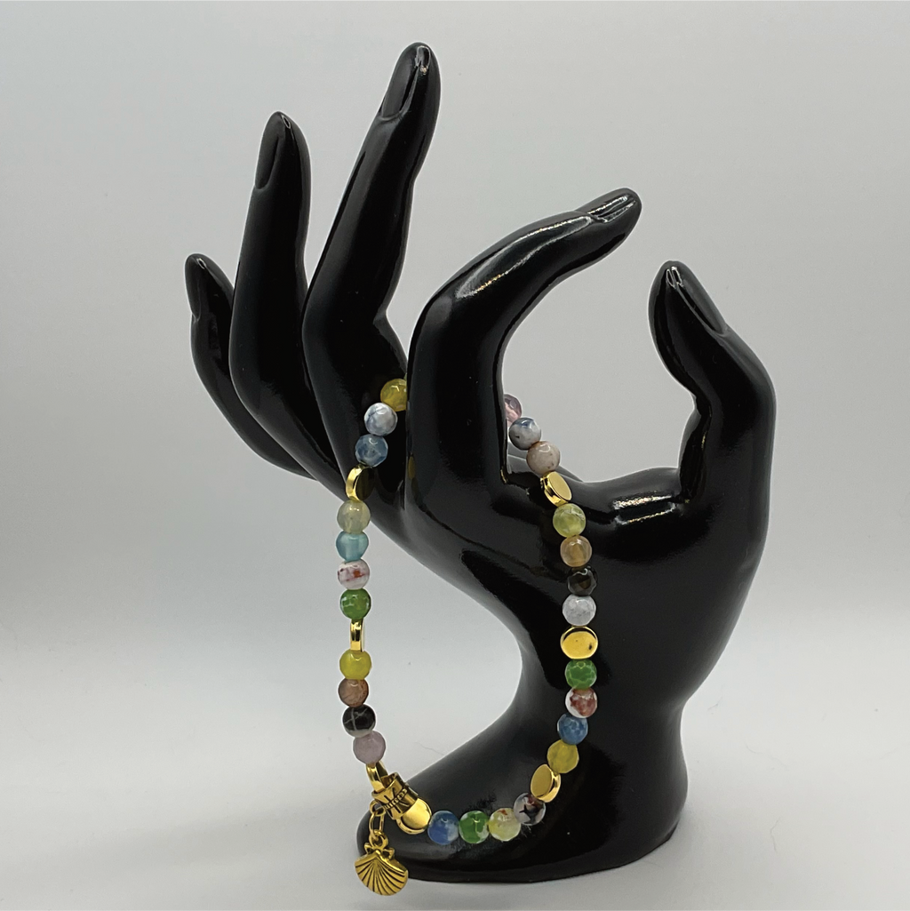 Multicolored Dragon Vein Agate Shell Charm Bracelet with Gold Tone Disc Spacers