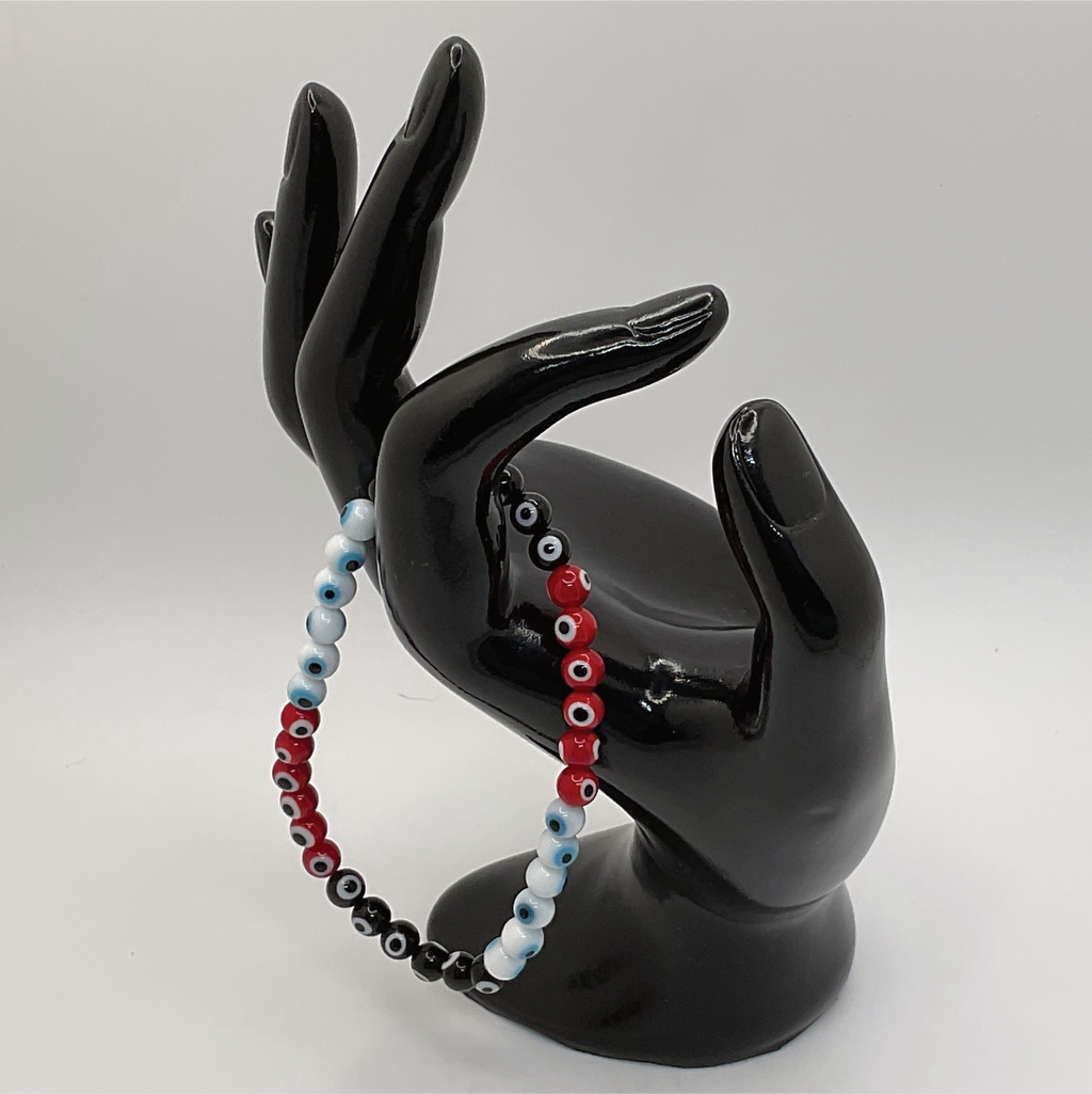 Sea Glass Red Black White Evil Eye Bracelet