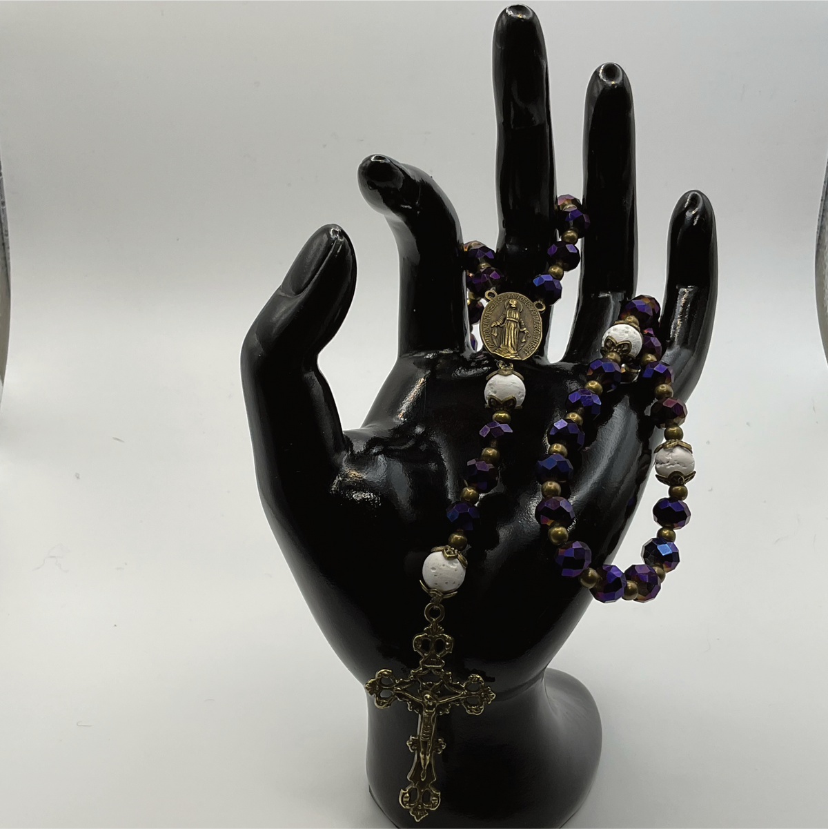 Purple Faceted White Magnesium Full 5 Decade Bronze Rosary