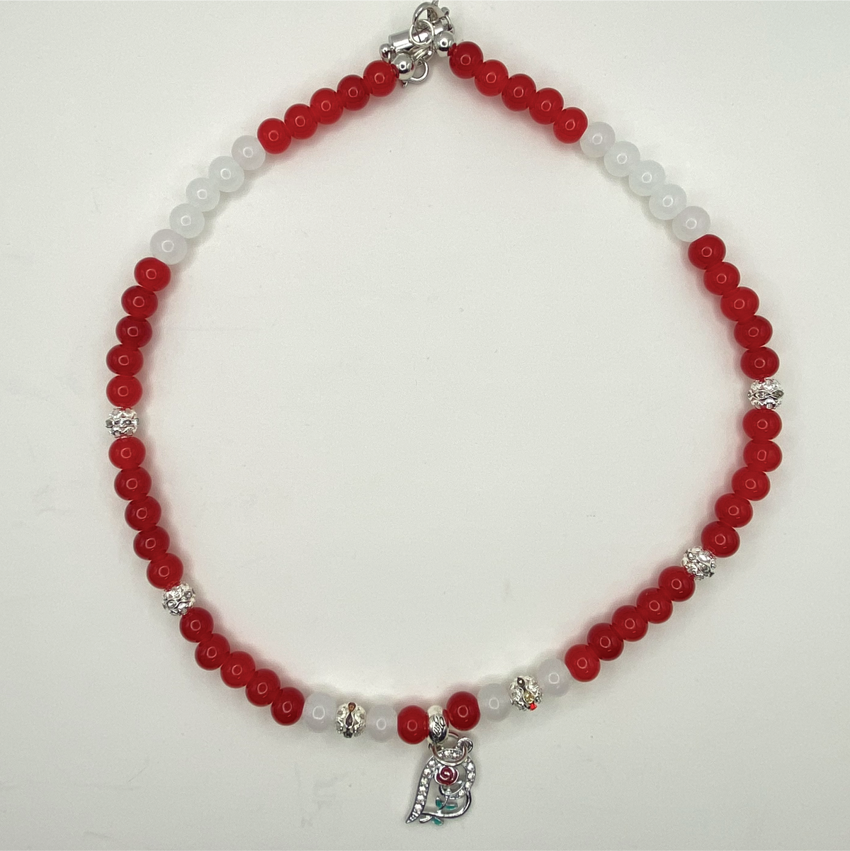 20" Red Milky White Red Rose Glass Necklace with Silver Spacers