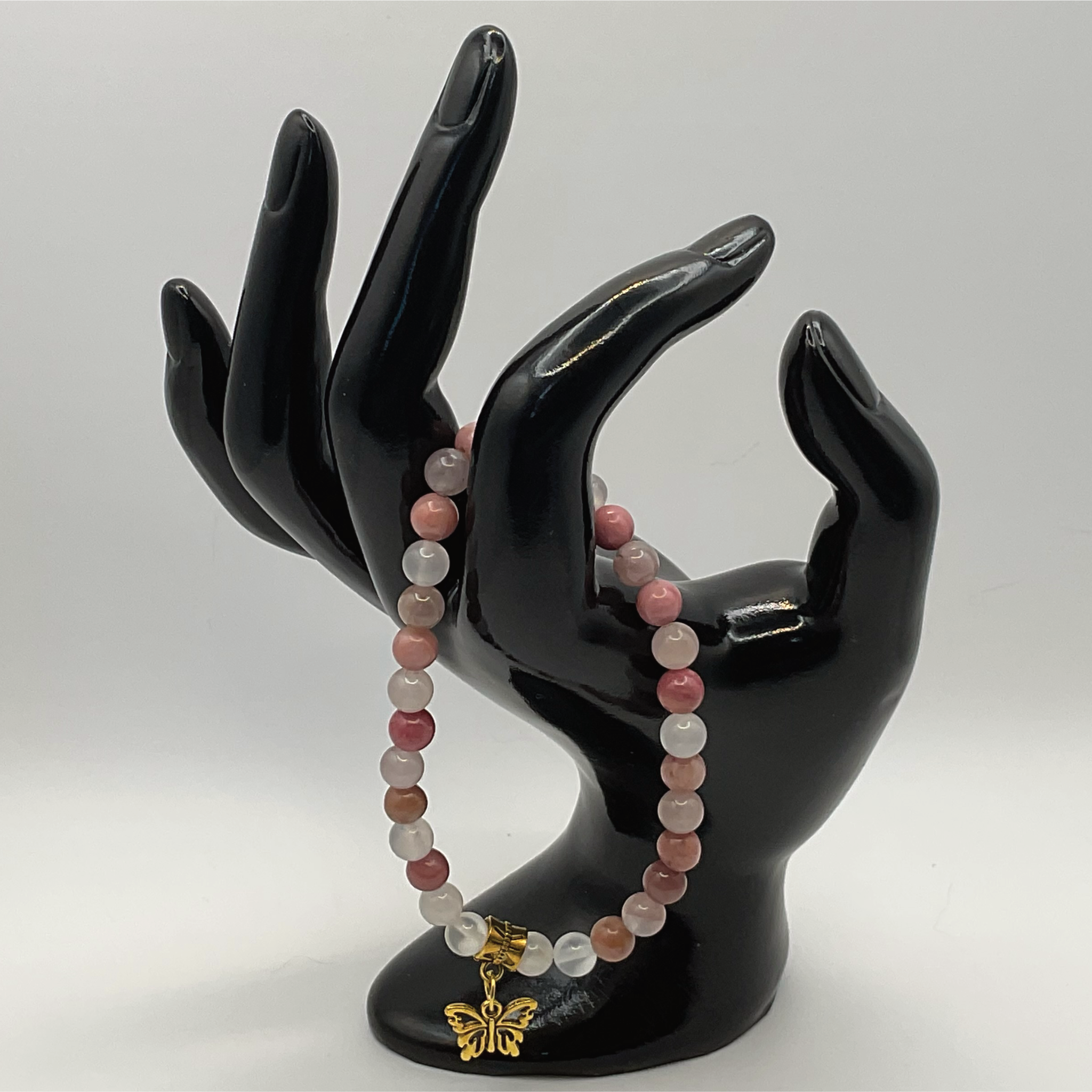 Rose Quartz Milky Quartz Butterfly Charm Bracelet