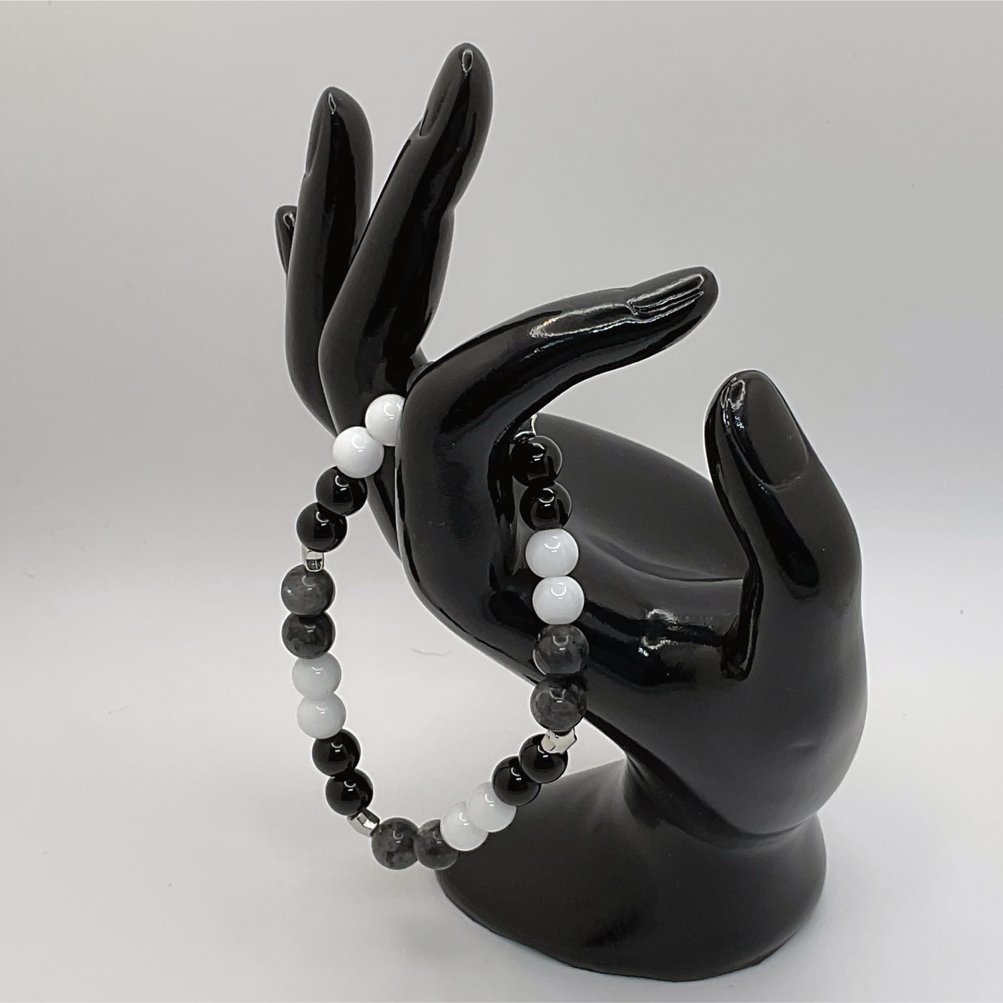 Black Agate Milky Quartz Picasso Stone Bracelet Silver Spacers