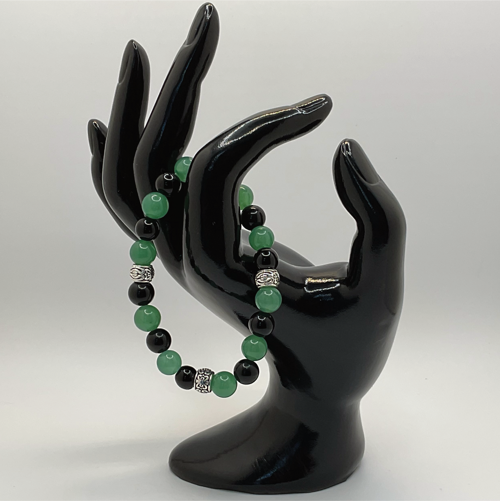 Green Chalcedony Black Agate Bracelet with Silver Spacers