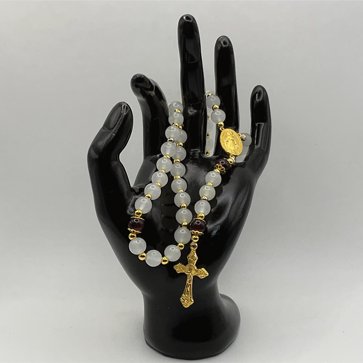 Cloudy White Black Full 5 Decade Gold Rosary