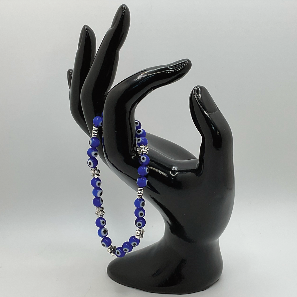 Blue Sea Glass Evil Eye Bracelet with Silver Flower Spacers