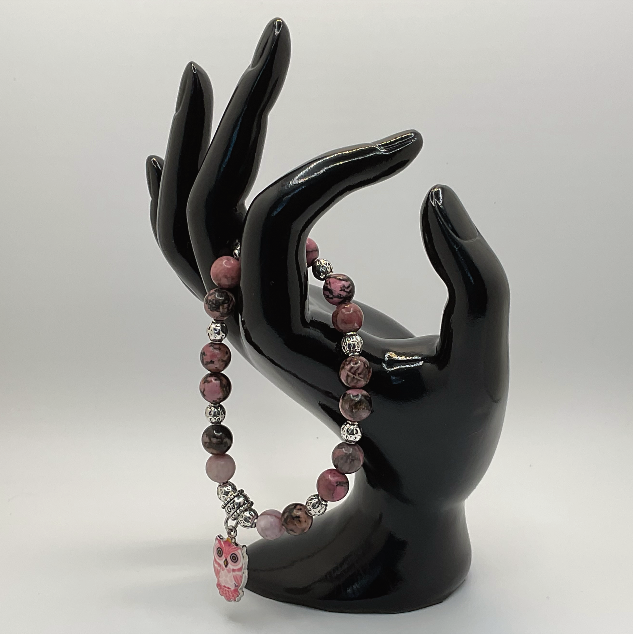 Rhodonite Owl Charm Bracelet with Silver Spacers