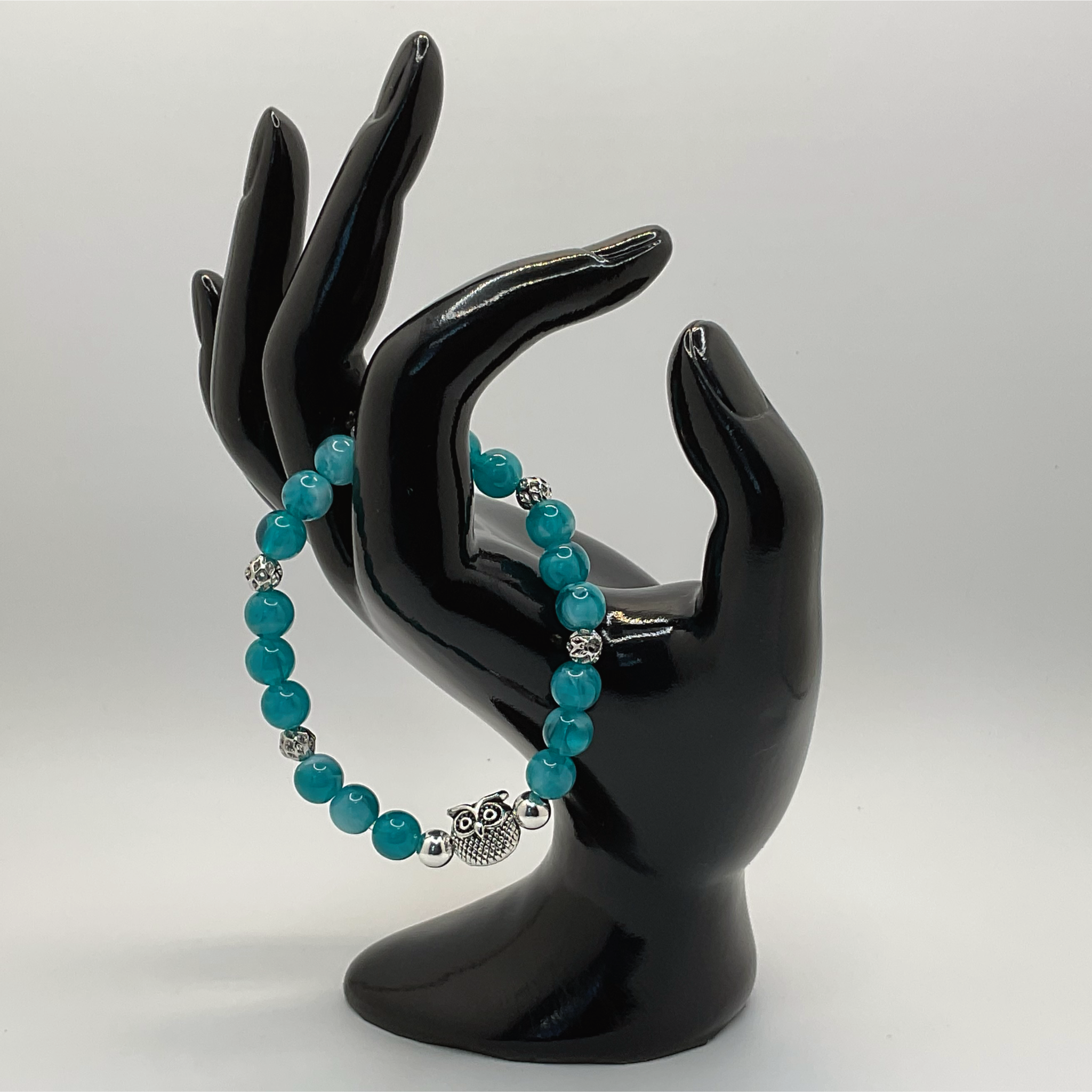 Teal Dragon Vein Agate Owl Charm Bracelet with Silver Spacers