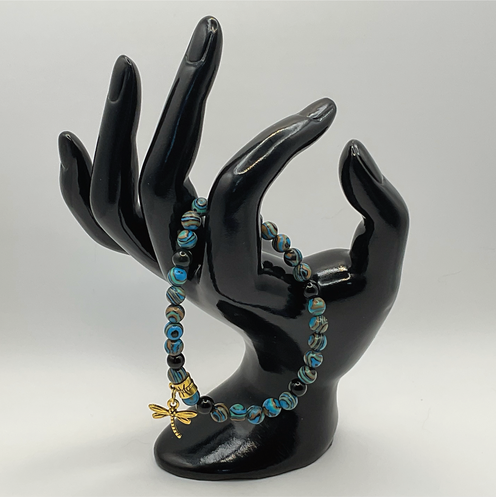 Rainbow Calsilica Dragon Vein Agate Dragonfly Charm Bracelet