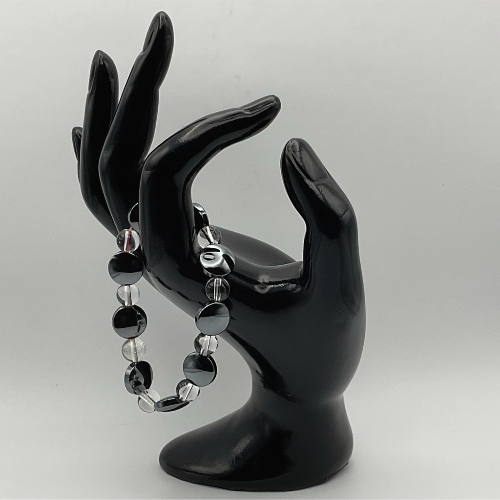 Pulsera de Cuarzo Transparente con Cuentas de Disco de Ónix