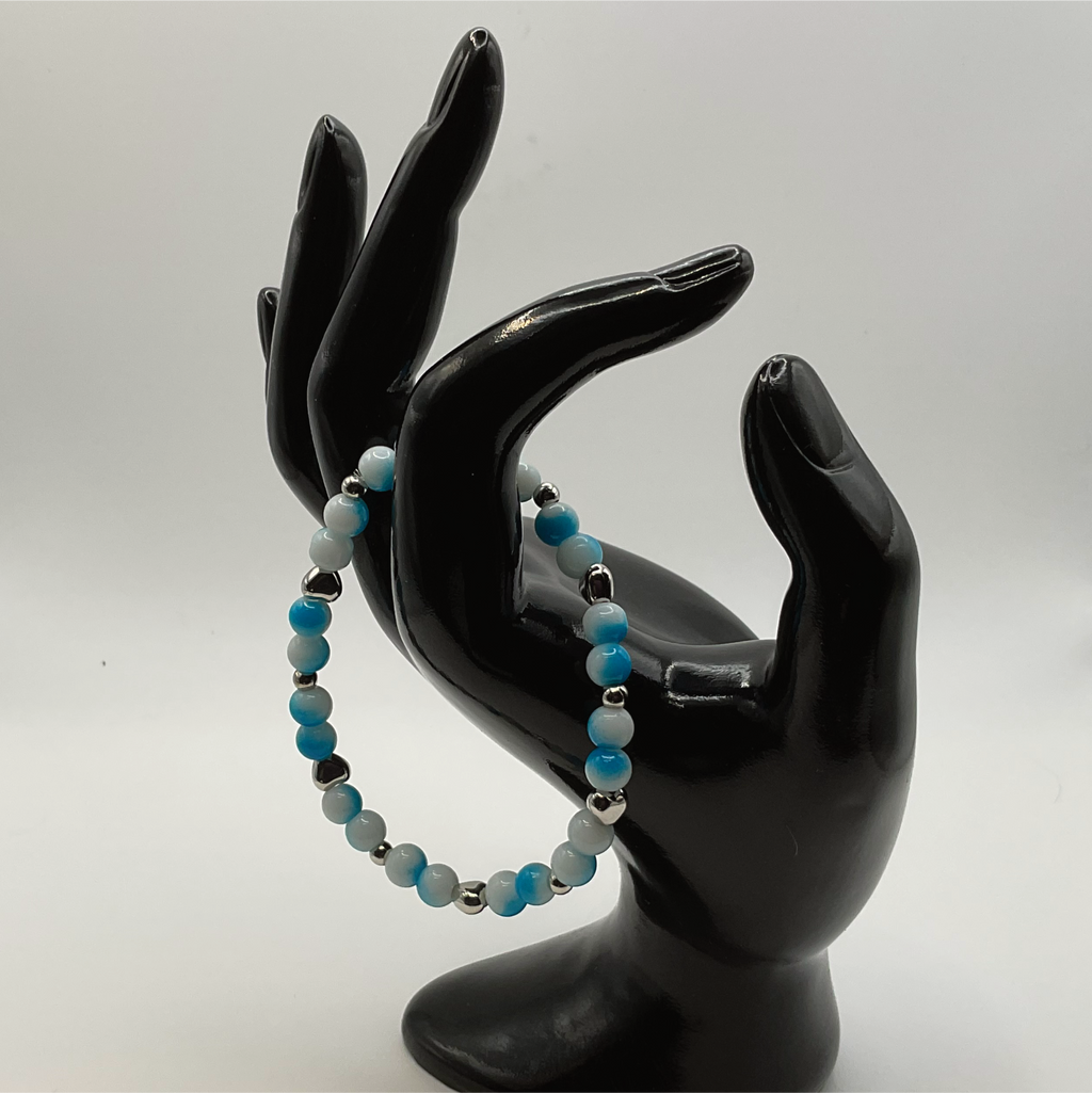 Blue White Glass Bracelet with Silver Heart Spacers