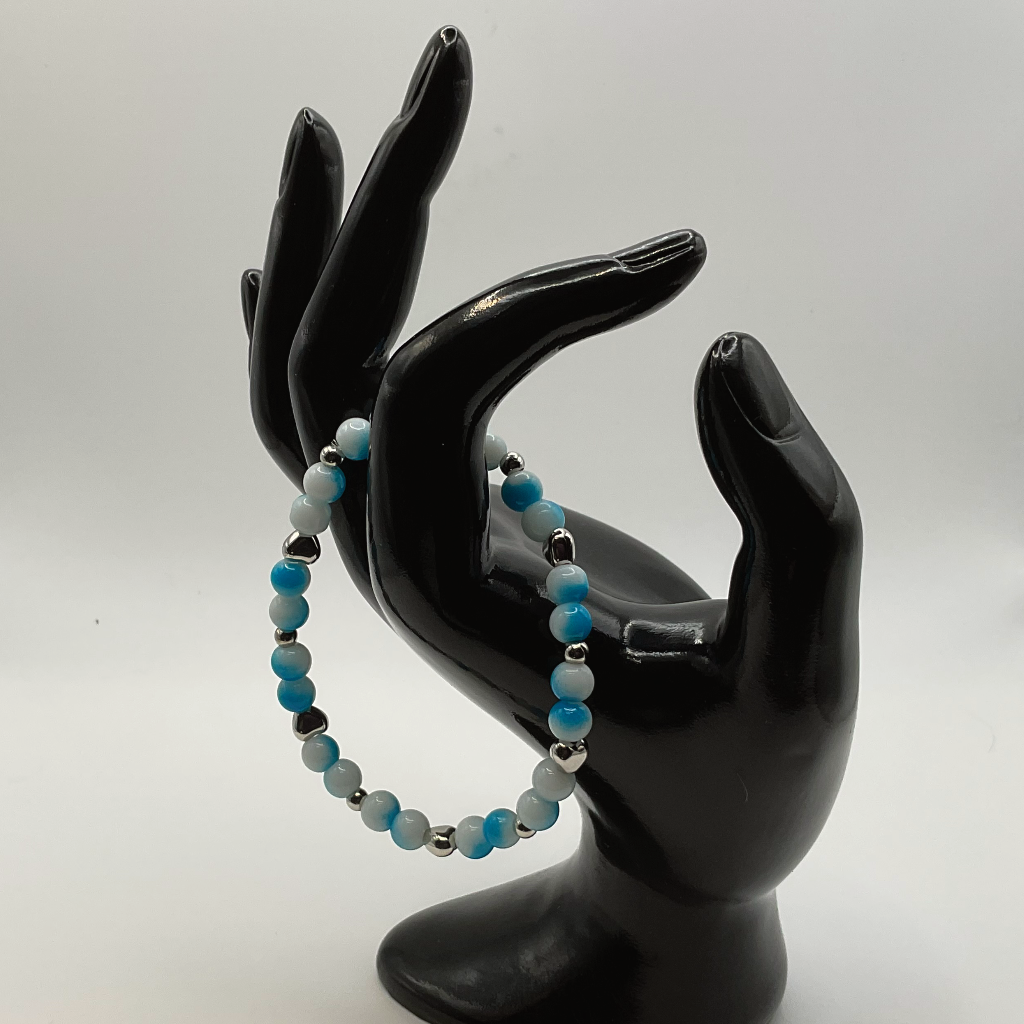 Blue White Glass Bracelet with Silver Heart Spacers