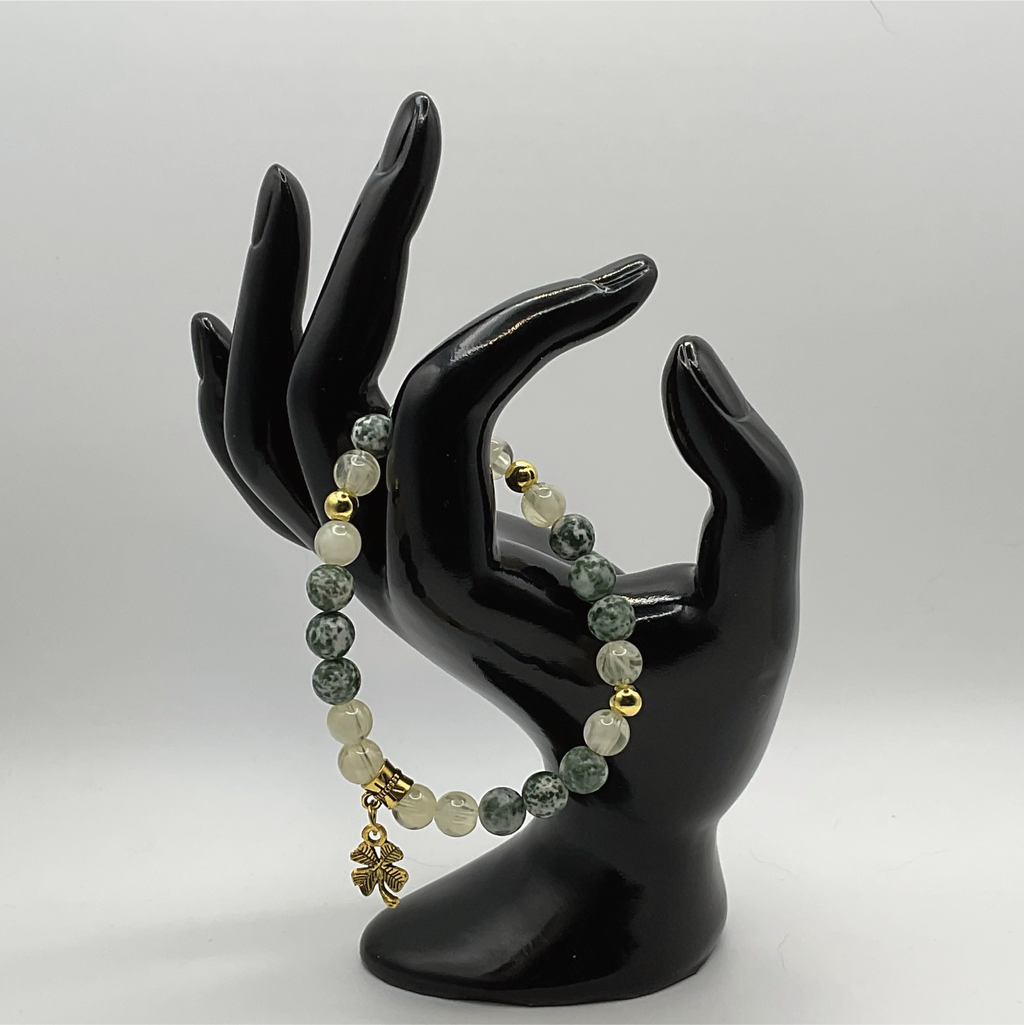 Tree Agate Citrine Shamrock Charm Bracelet with Gold Tone Spacers