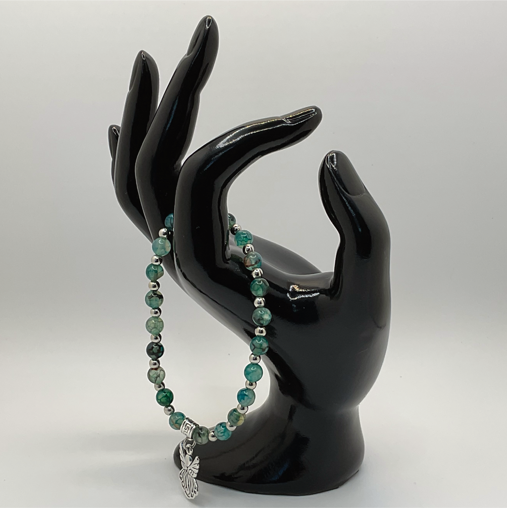 Green Dragon Vein Agate Angel Charm Bracelet with Tiny Silver Spacers