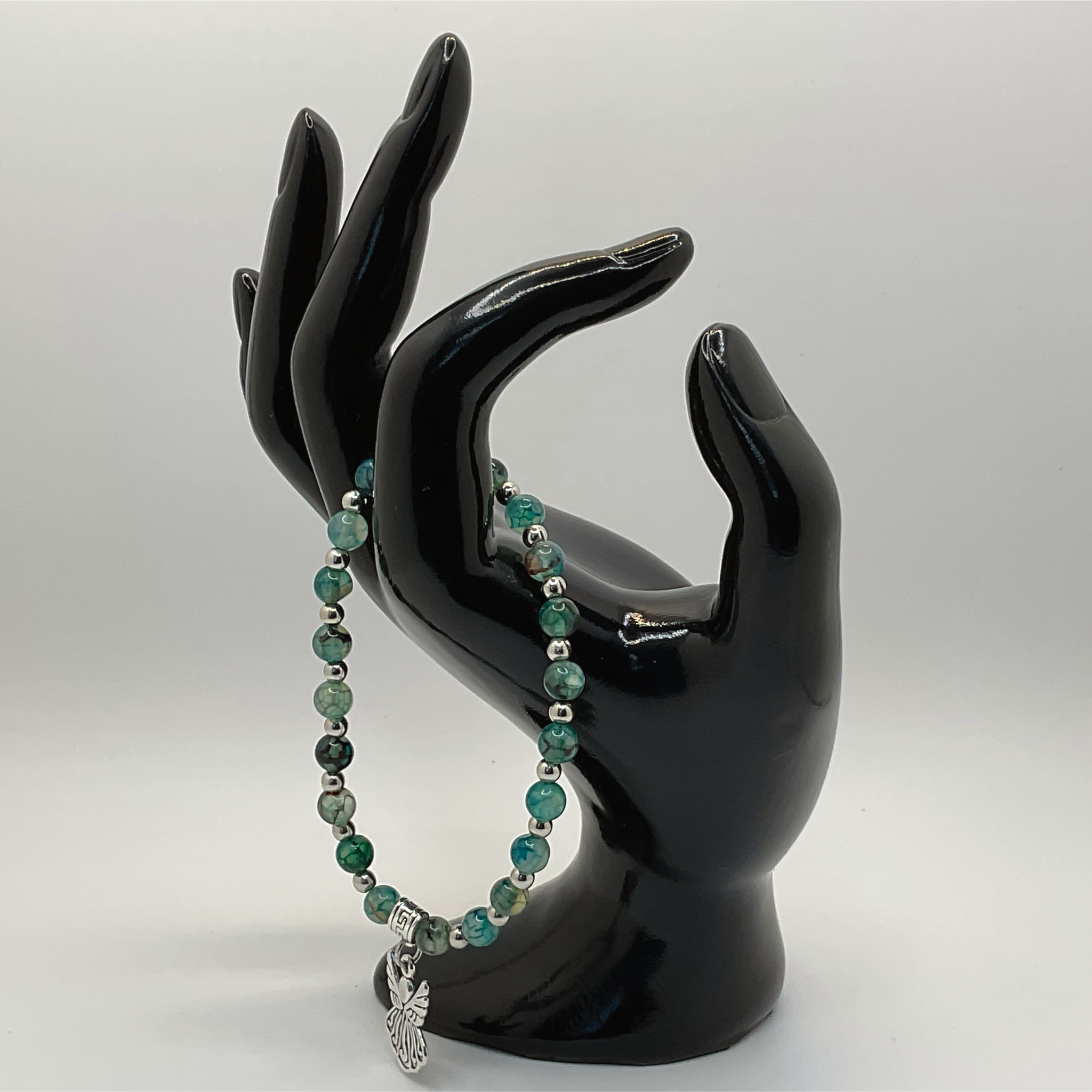 Green Dragon Vein Agate Angel Charm Bracelet with Tiny Silver Spacers