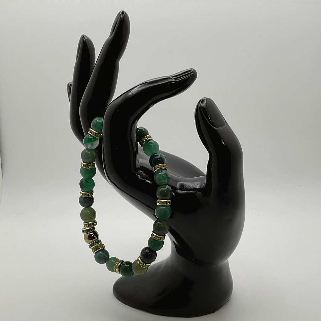Pulsera de Aventurina Verde y Hematita con Espaciadores de Cristal Verdes, Amarillos y Plateados