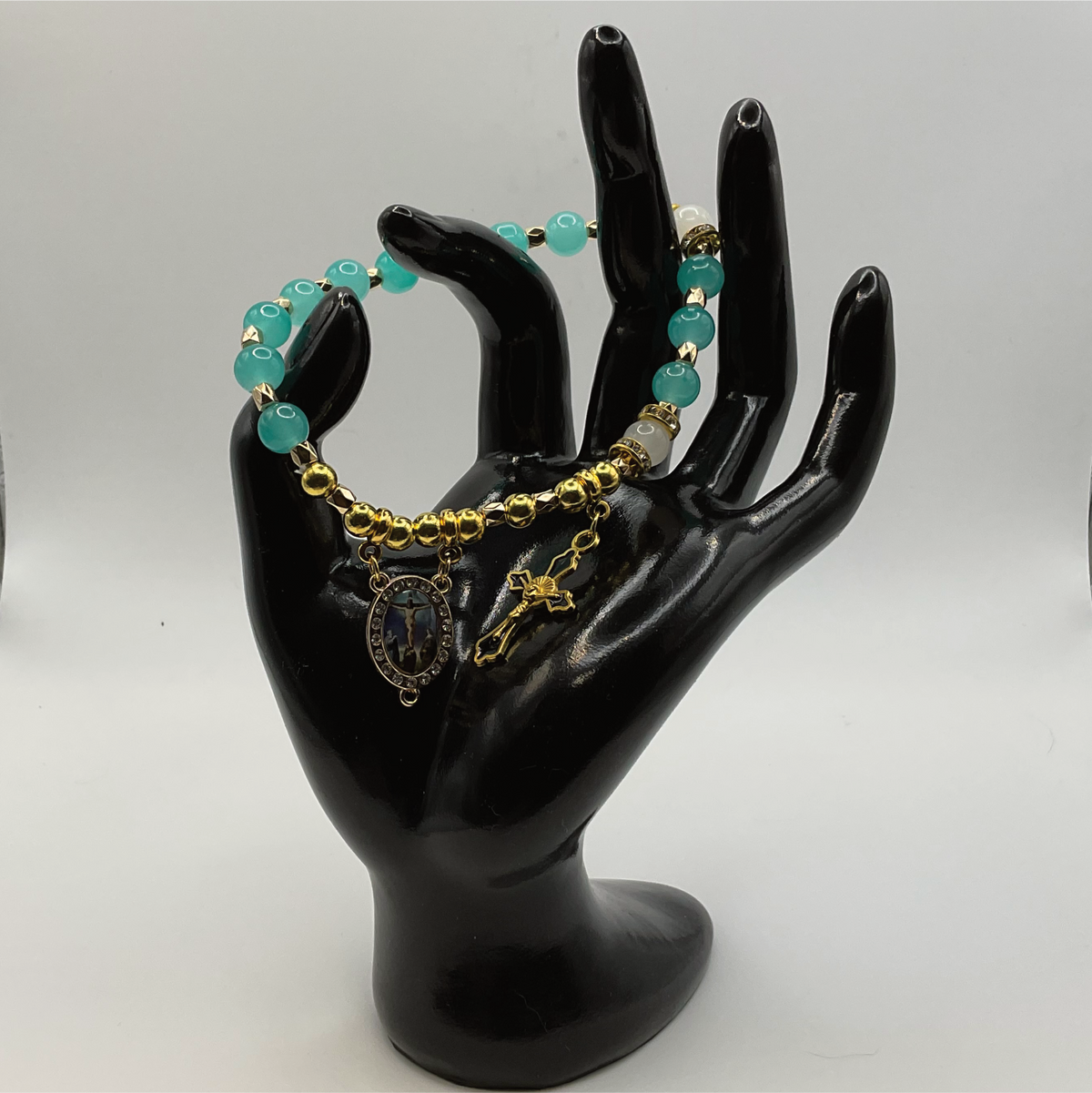 Teal White 1 Decade Gold Rosary Bracelet