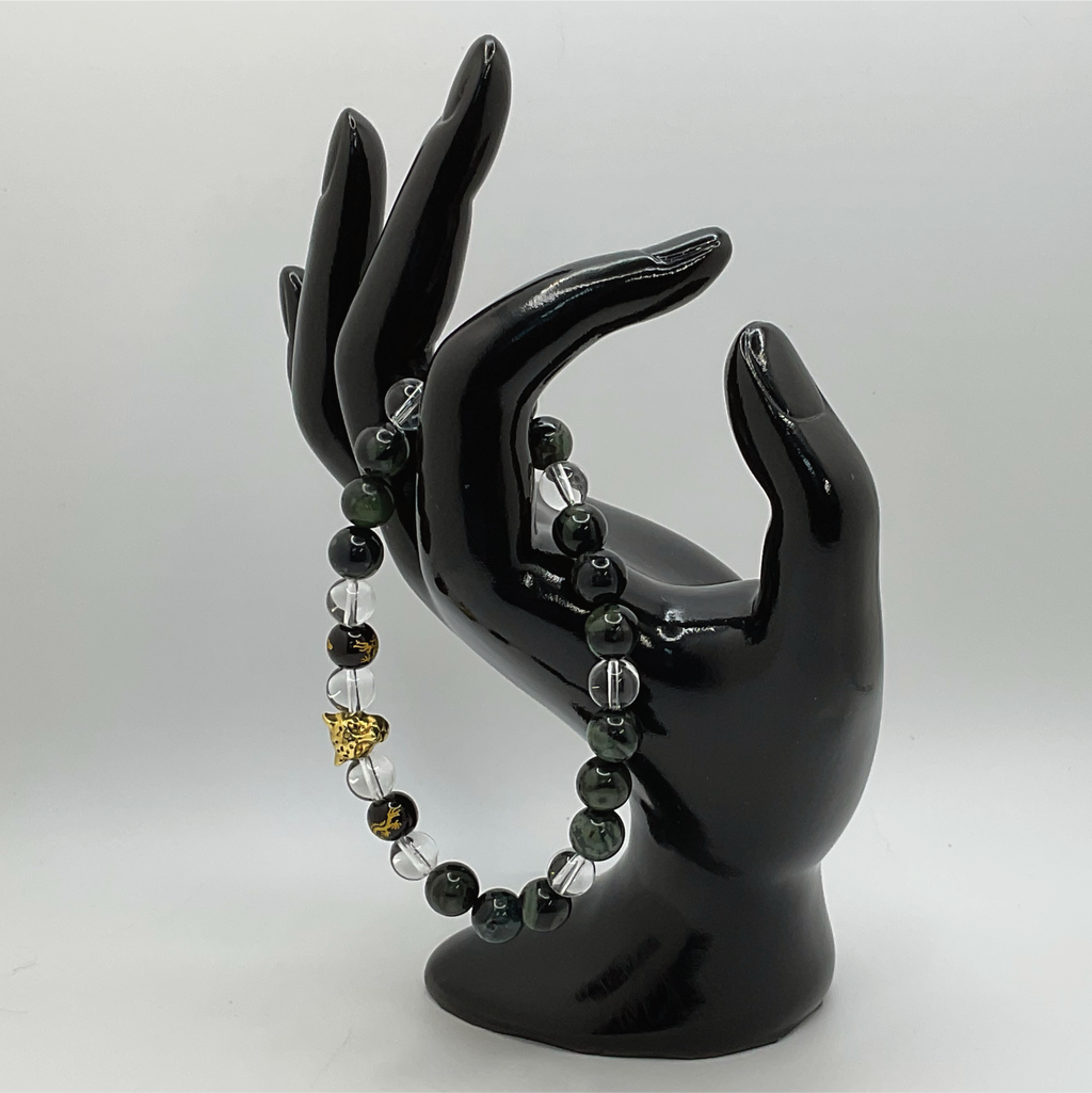 Pulsera de Cuarzo Transparente con Pixiu Negro Kambamba Jasper y Colgante de Pantera