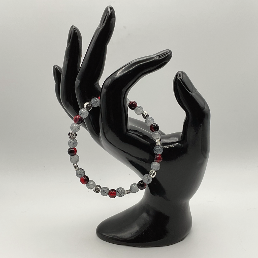 Red Clouded Black and Grey Glass Bracelet with Silver Flower Spacers