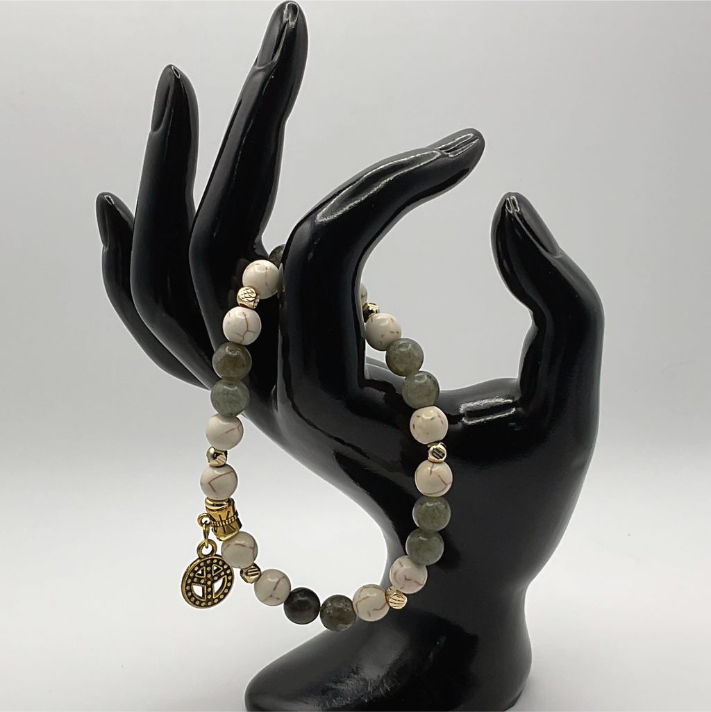Labradorite Magnesite Peace Charm Bracelet with Gold Tone Spacers