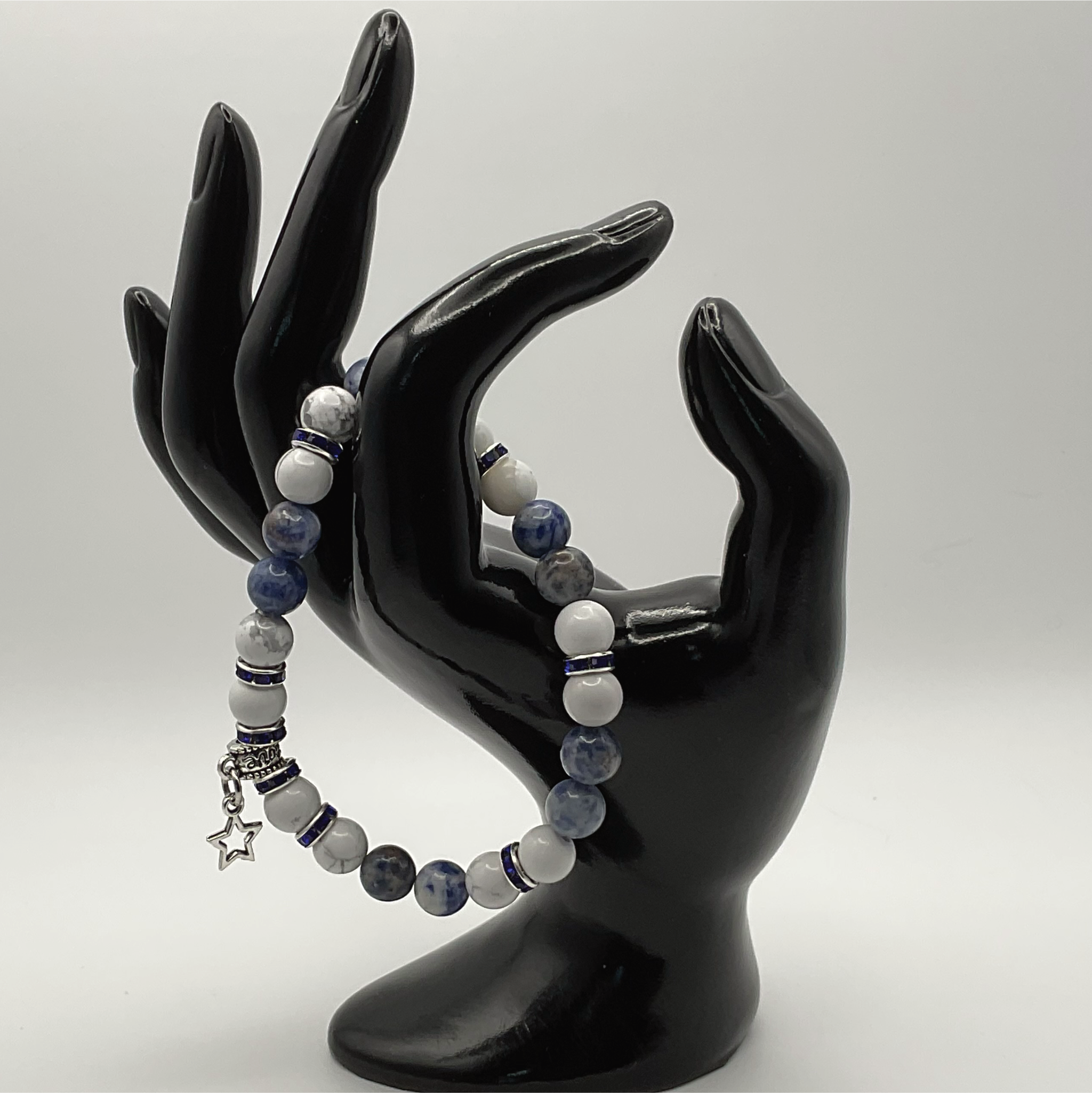 Magnesite Sodalite Star Charm Bracelet with Silver Tone Blue Crystal Spacers