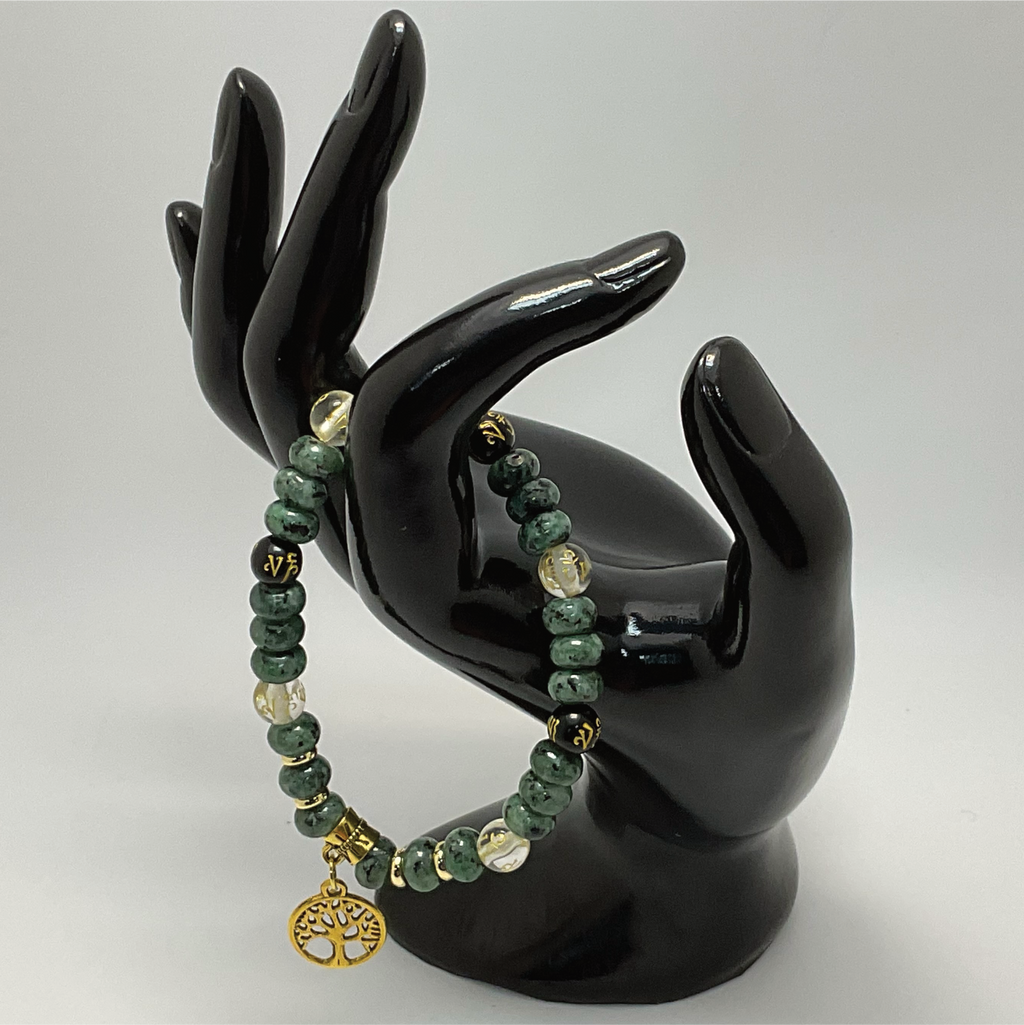 Pulsera de encanto del árbol de la vida de ágata negra citrina rubí en zoisita Pixiu con espaciadores dorados