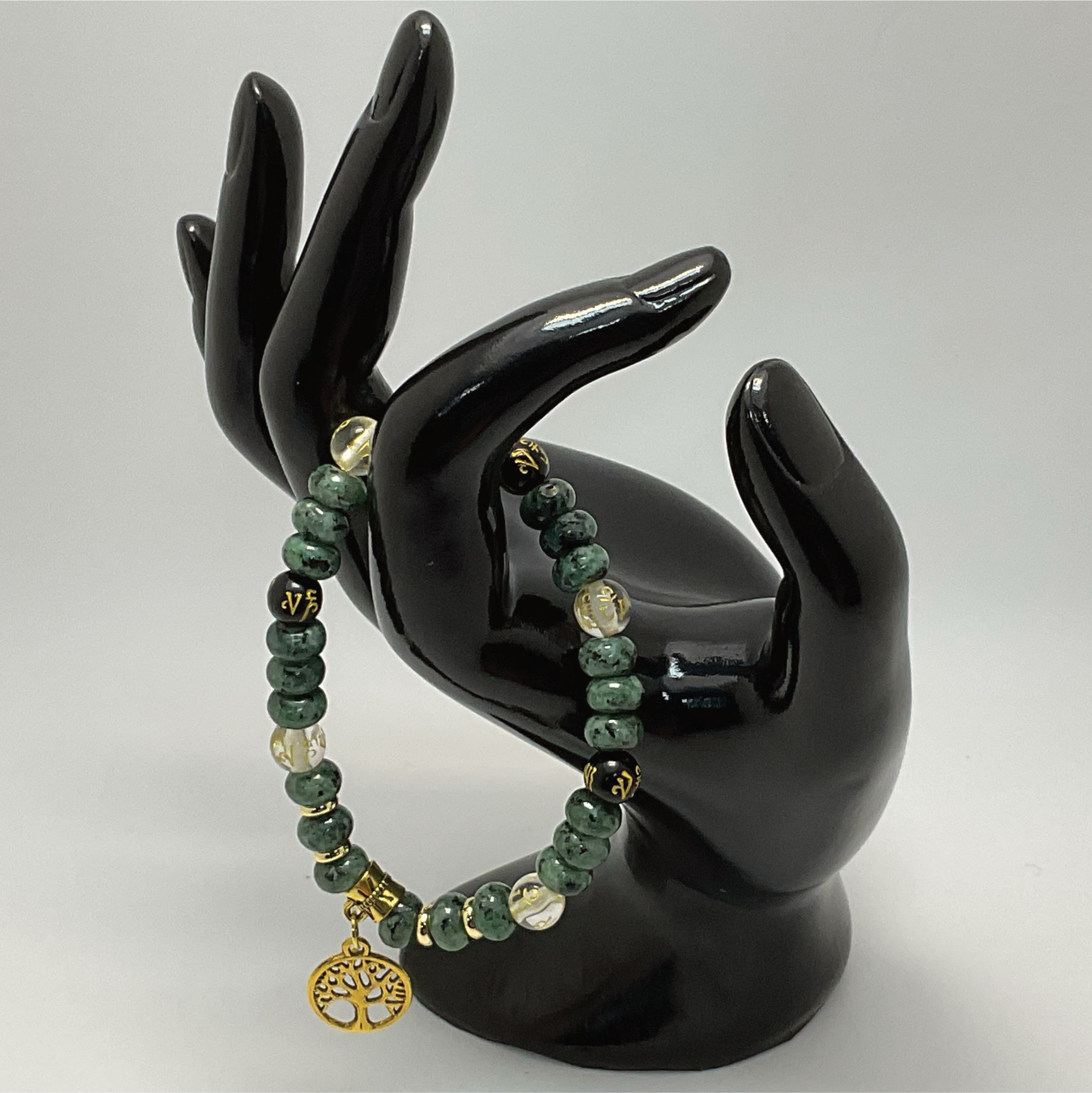 Pulsera de encanto del árbol de la vida de ágata negra citrina rubí en zoisita Pixiu con espaciadores dorados