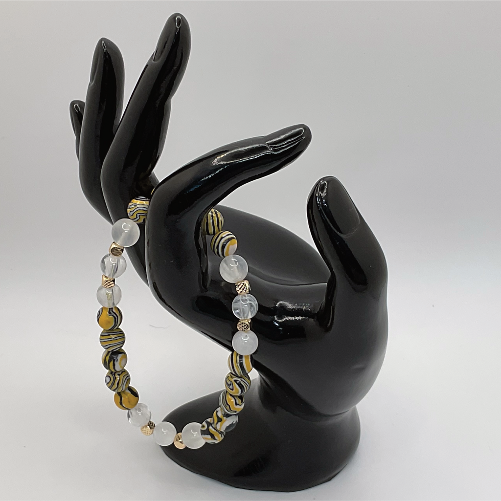Zebra Marble Jasper Clear Quartz Bracelet with Gold Spacers