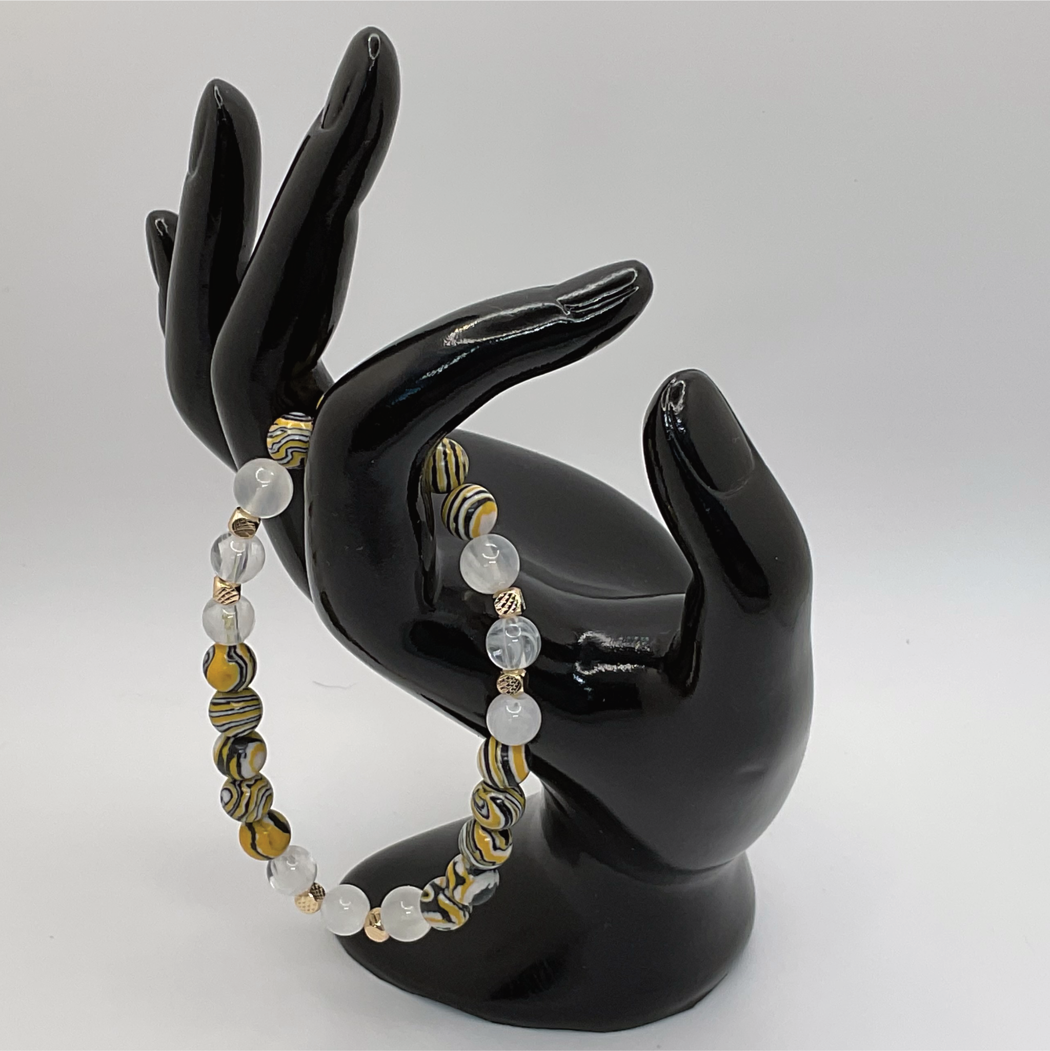 Zebra Marble Jasper Clear Quartz Bracelet with Gold Spacers