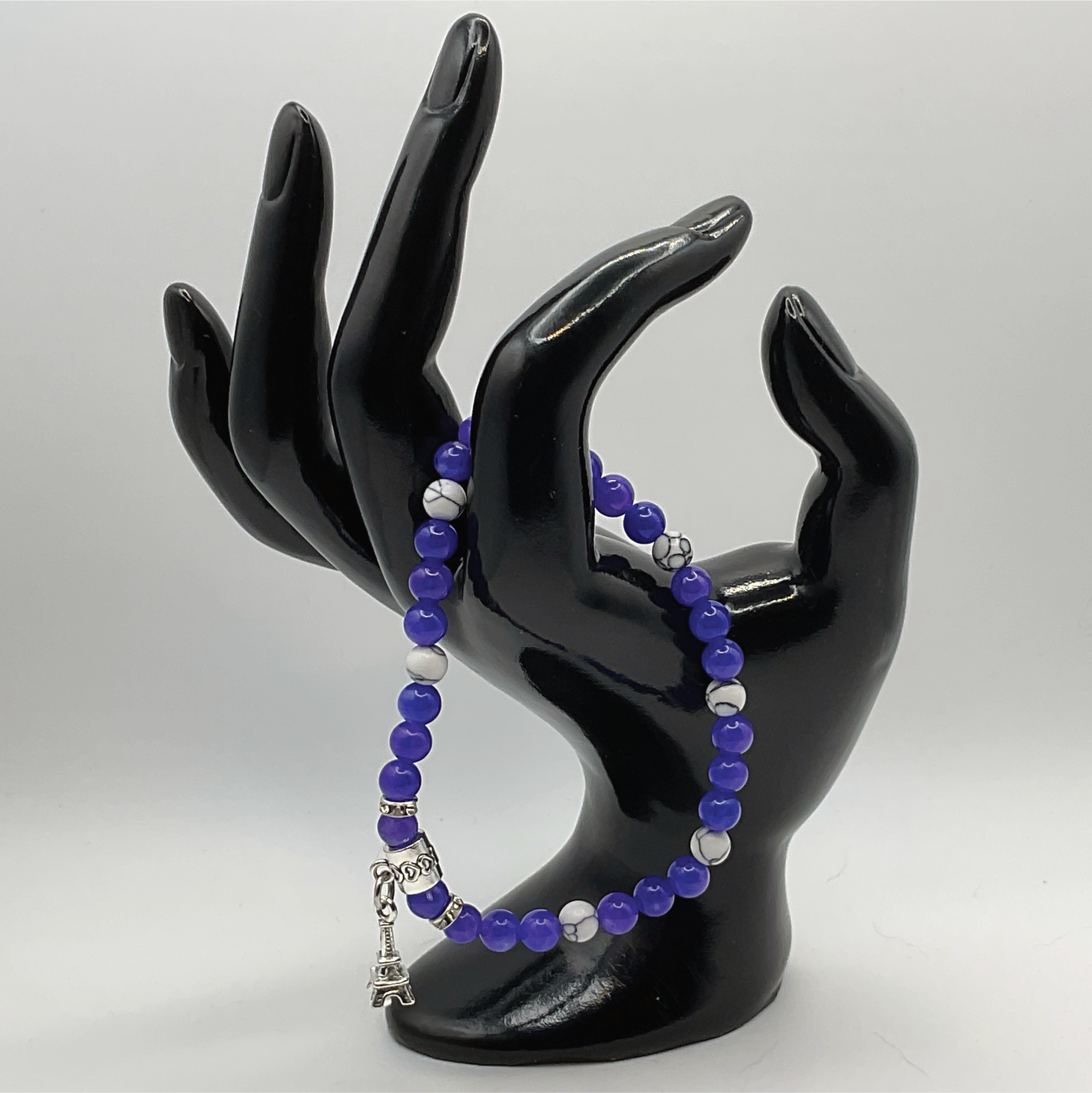 Amethyst Magnesite Eiffel Tower Charm Bracelet with Silver Tone Crystal Spacers