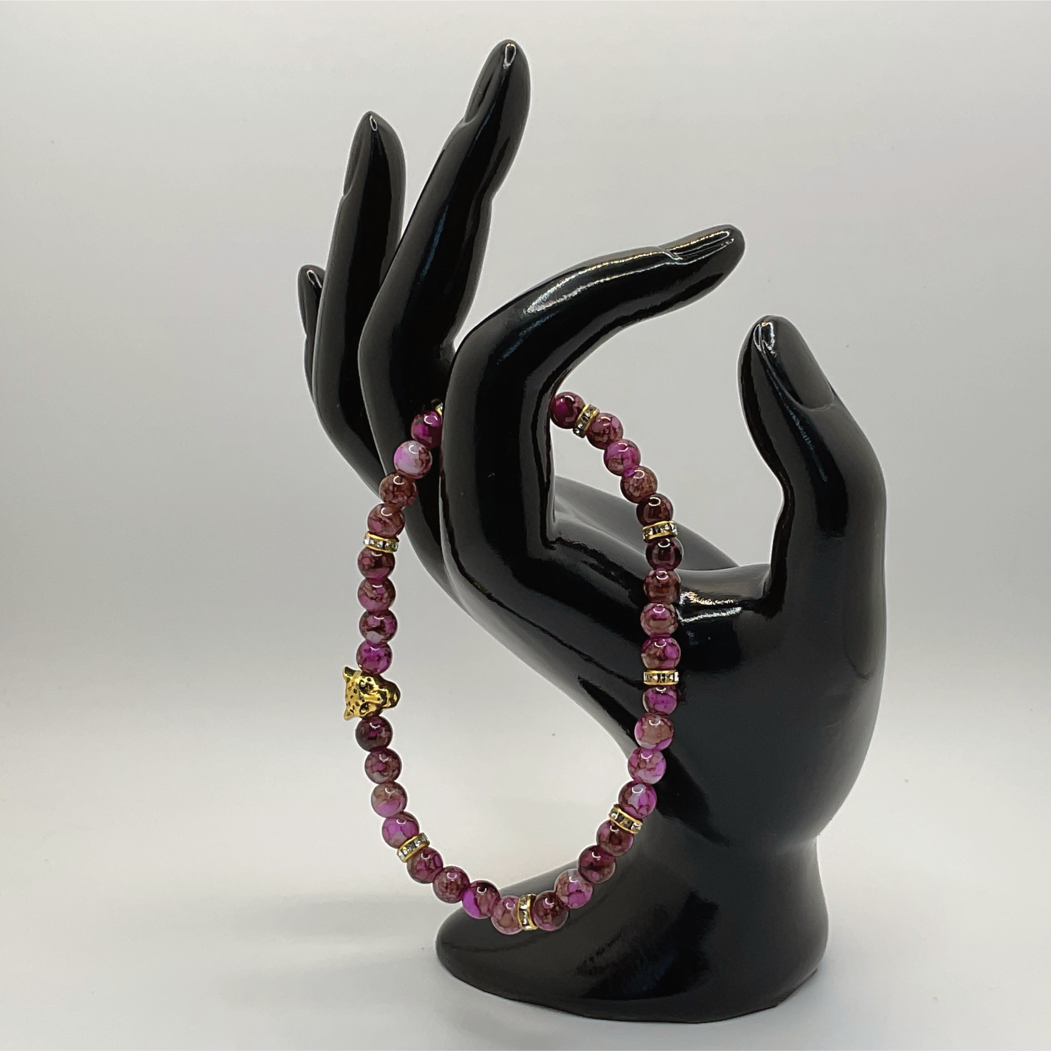 Magenta Dragon Vein Agate Jaguar Charm Bracelet with Gold Crystal Spacers