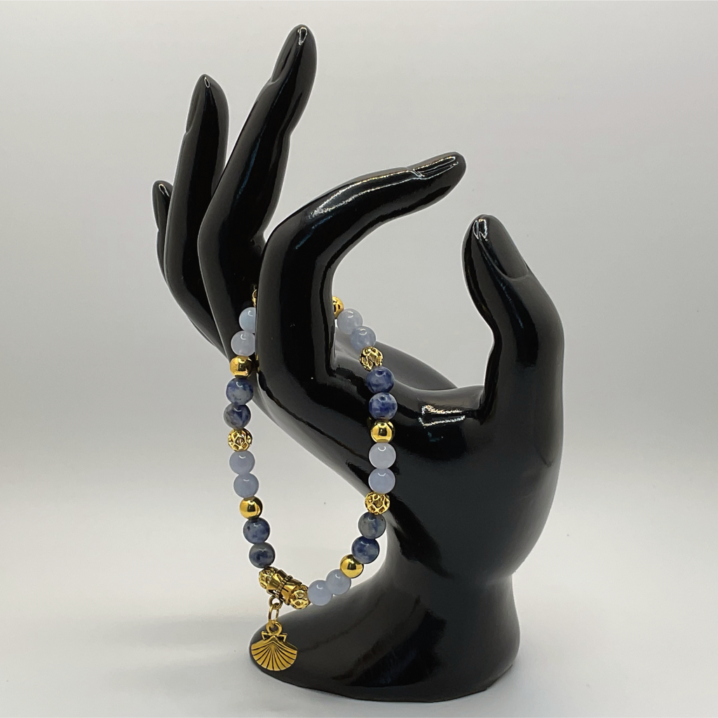 Blue Chalcedony Blue Sodalite Seashell Charm Bracelet with Gold Spacers
